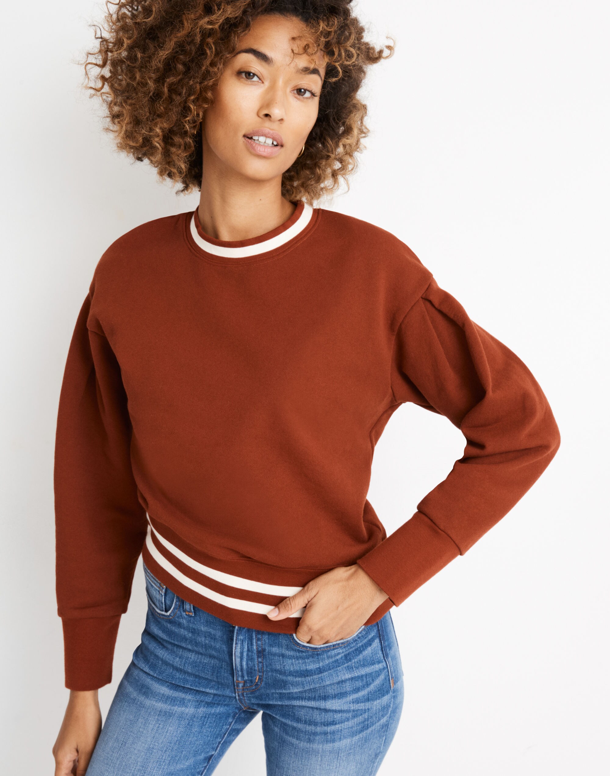 Varsity Stripe Pleat-Sleeve Sweatshirt