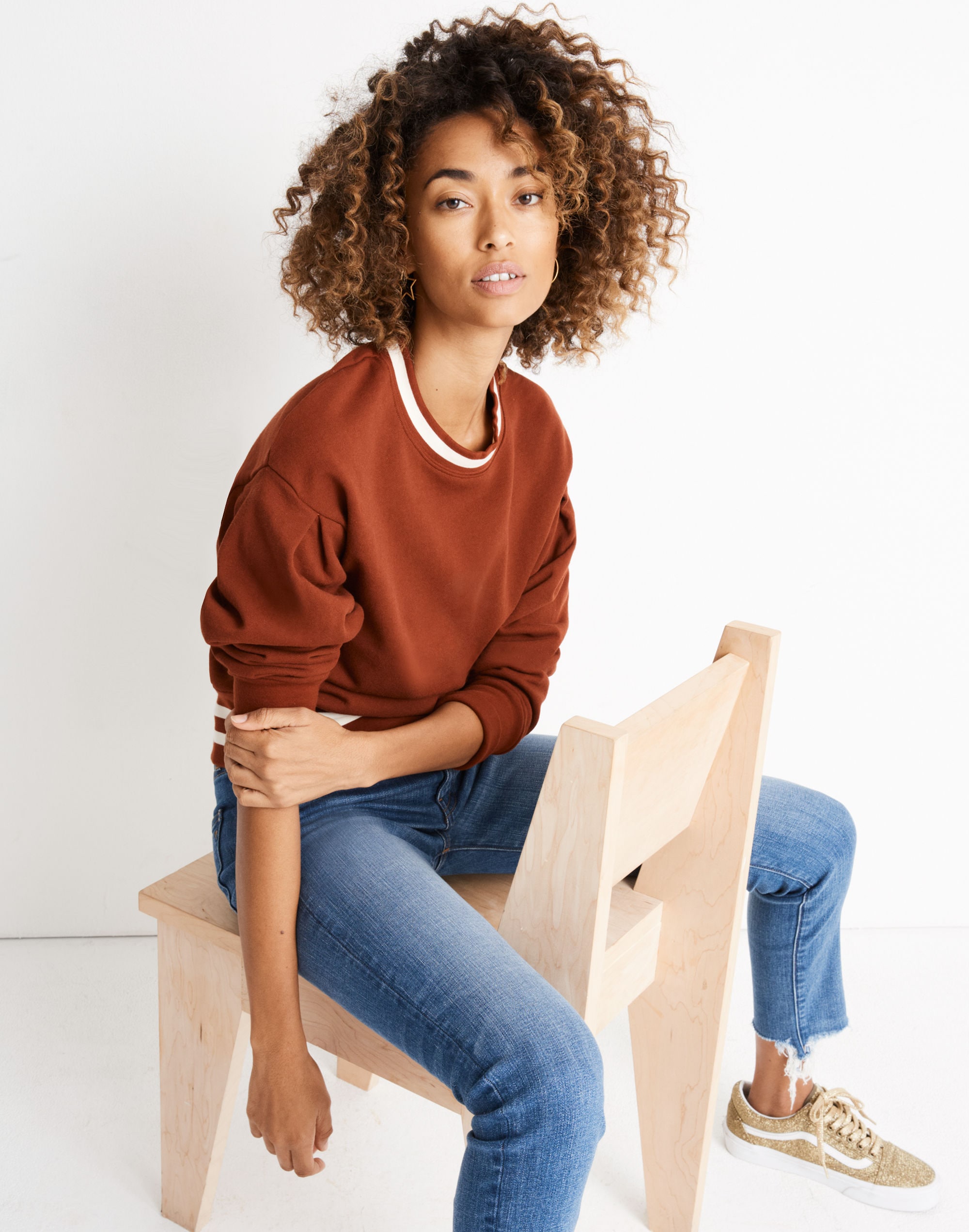 varsity stripe pleat-sleeve sweatshirt