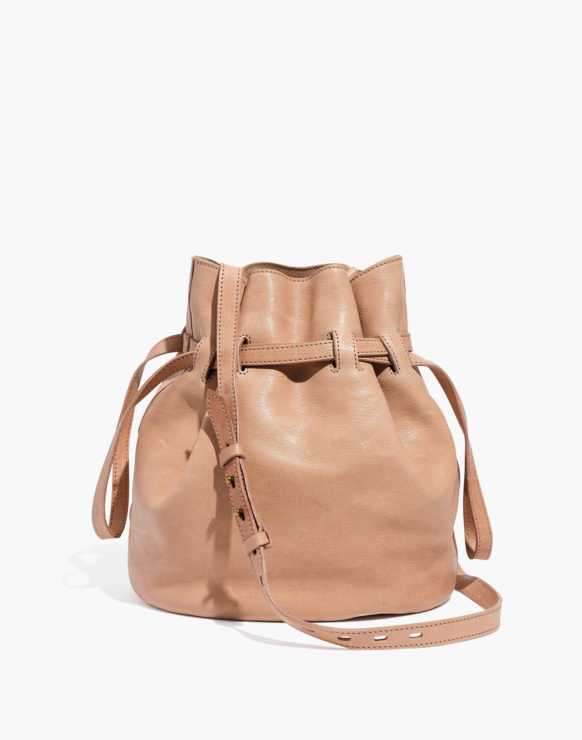the florence drawstring bucket bag in leather