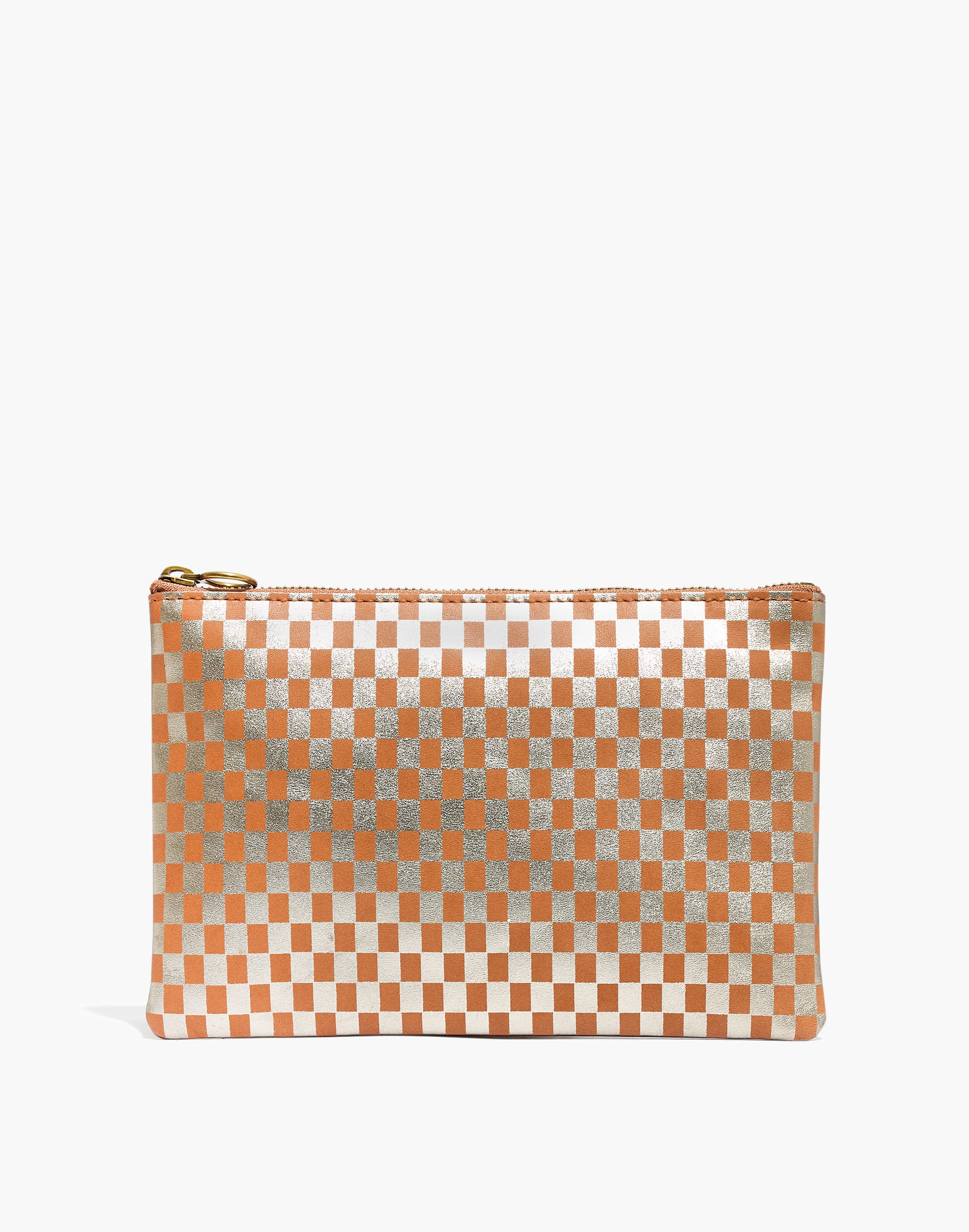 the leather pouch clutch in metallic checkerboard