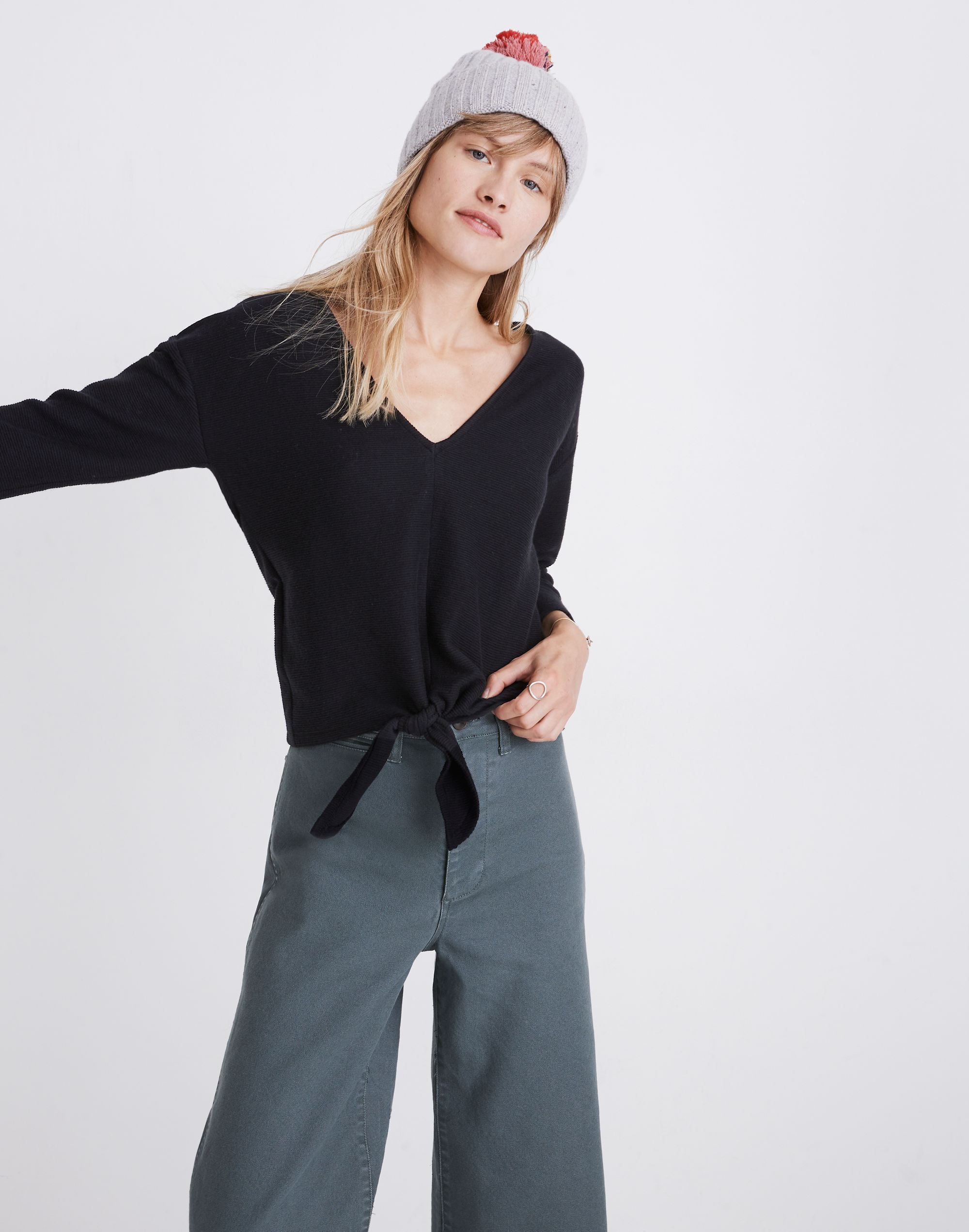 texture &amp; thread long-sleeve tie-front top