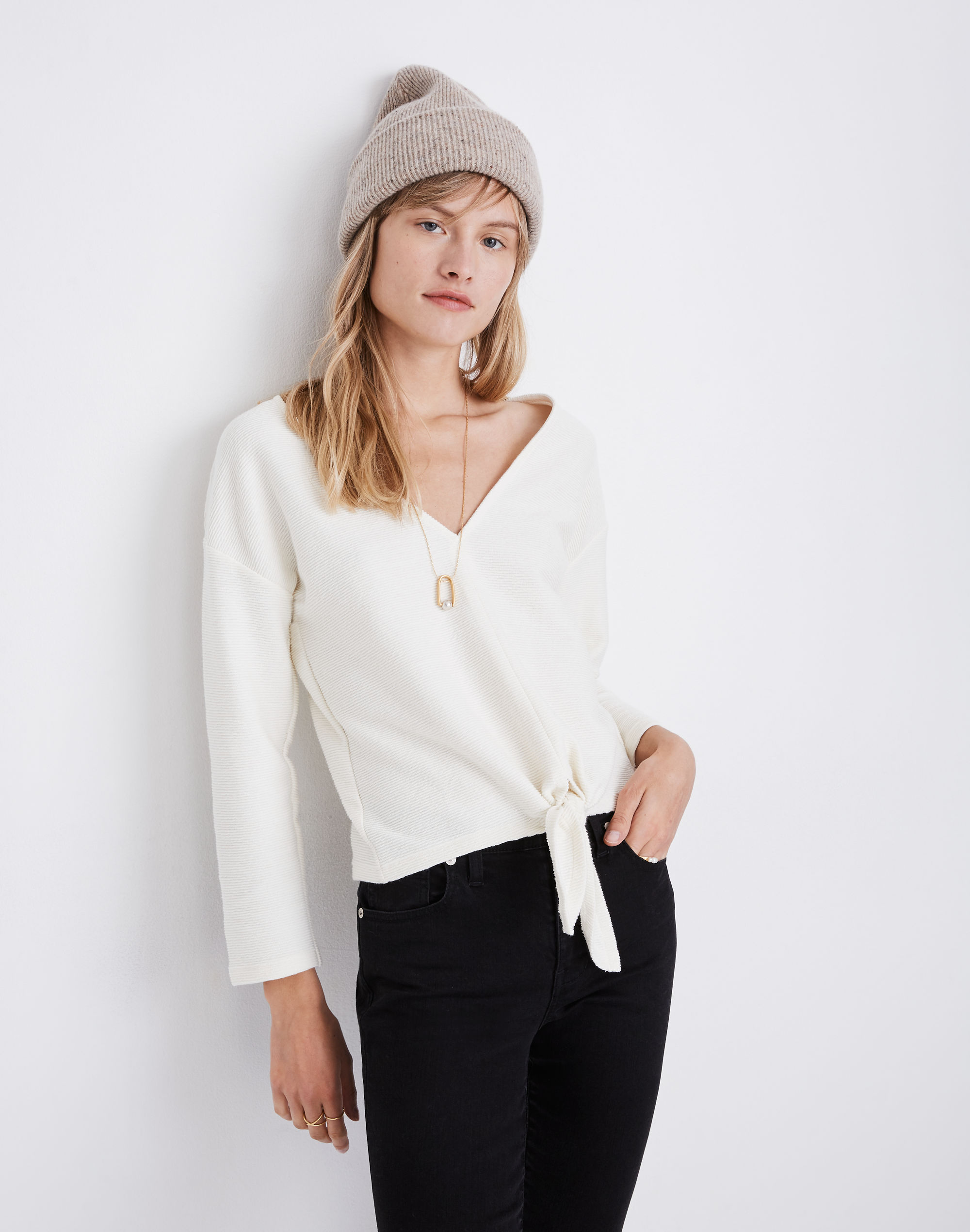 Texture &amp; Thread Long-Sleeve Tie-Front Top
