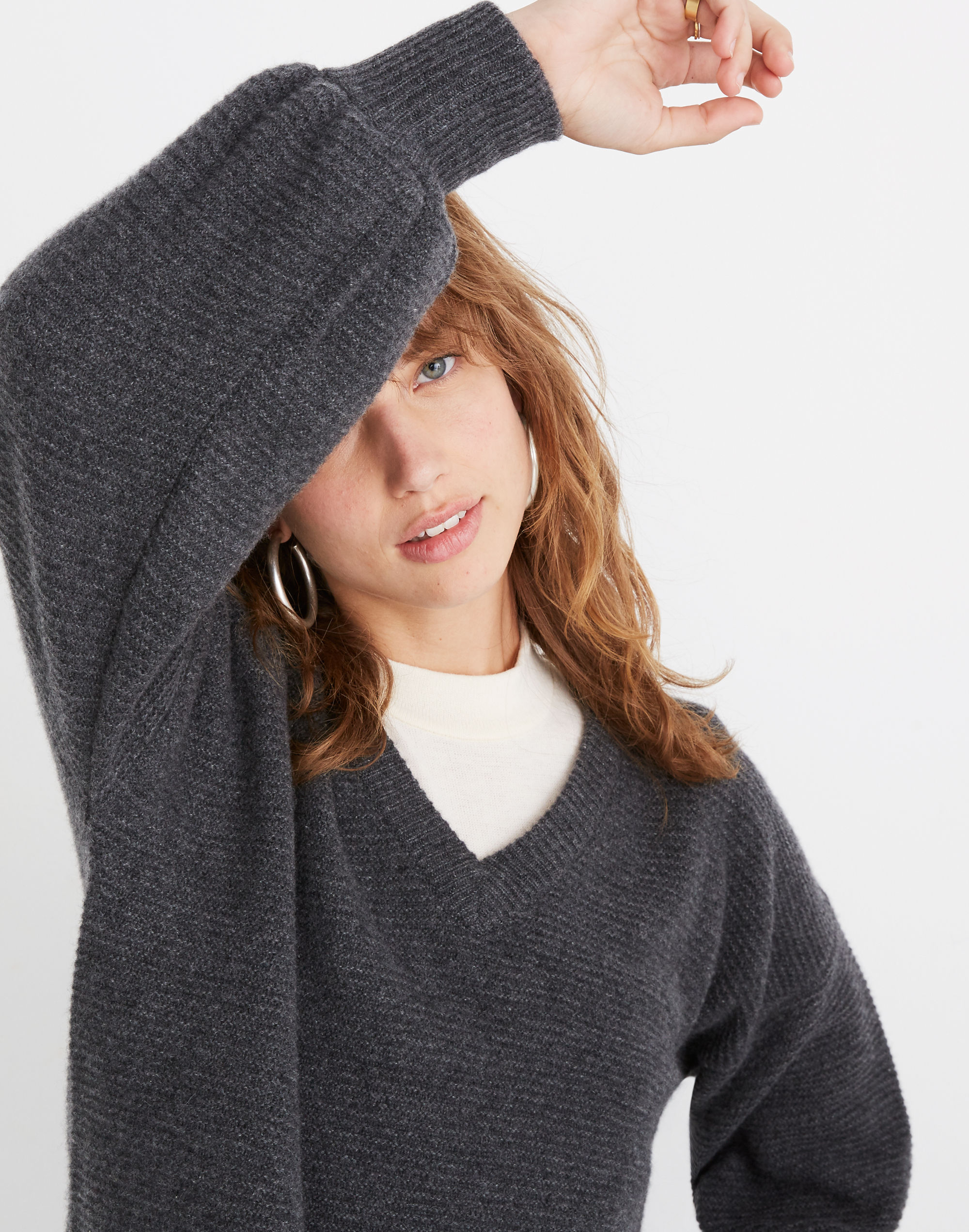 Cashmere V-Neck Bubble-Sleeve Sweater