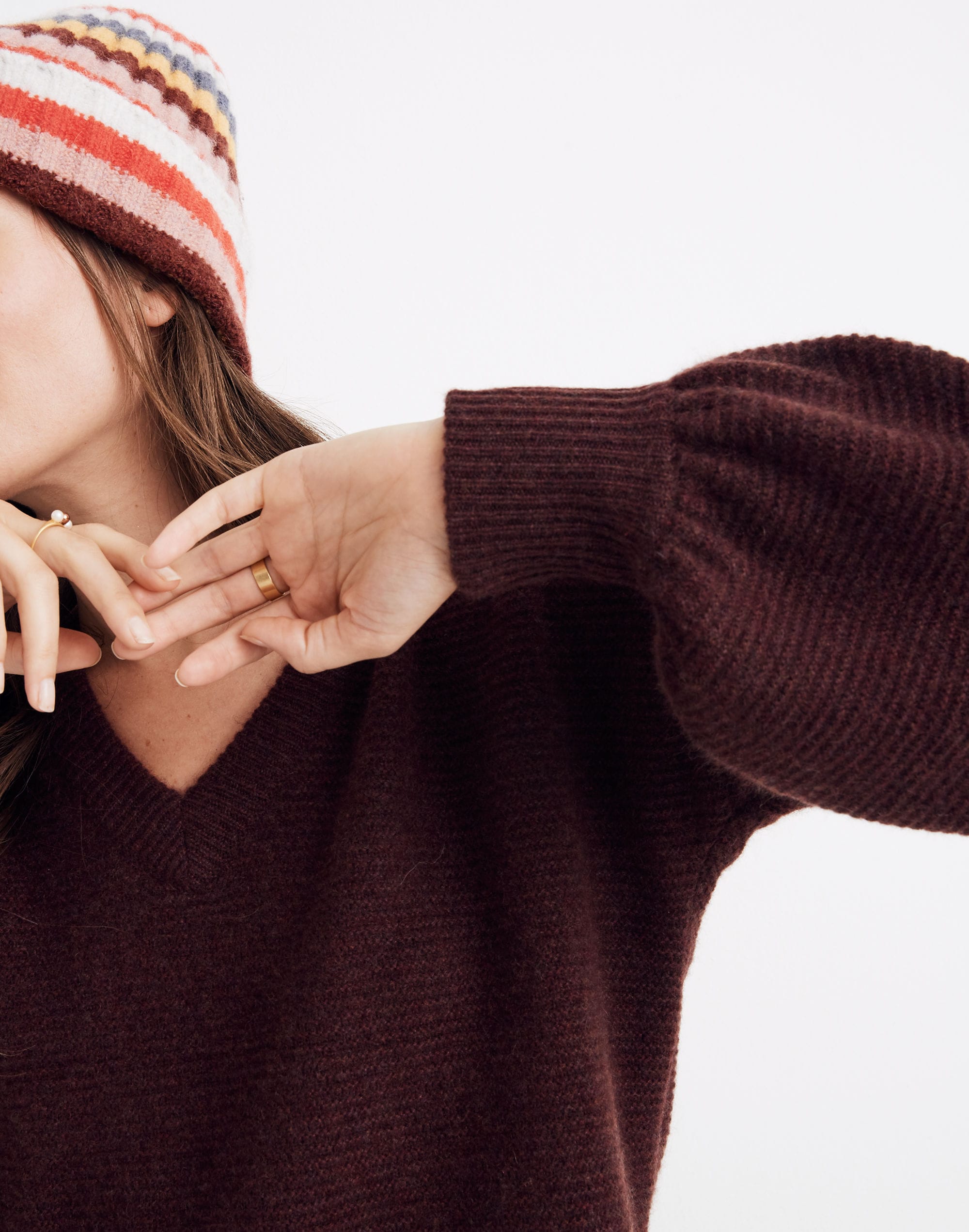 Cashmere V-Neck Bubble-Sleeve Sweater