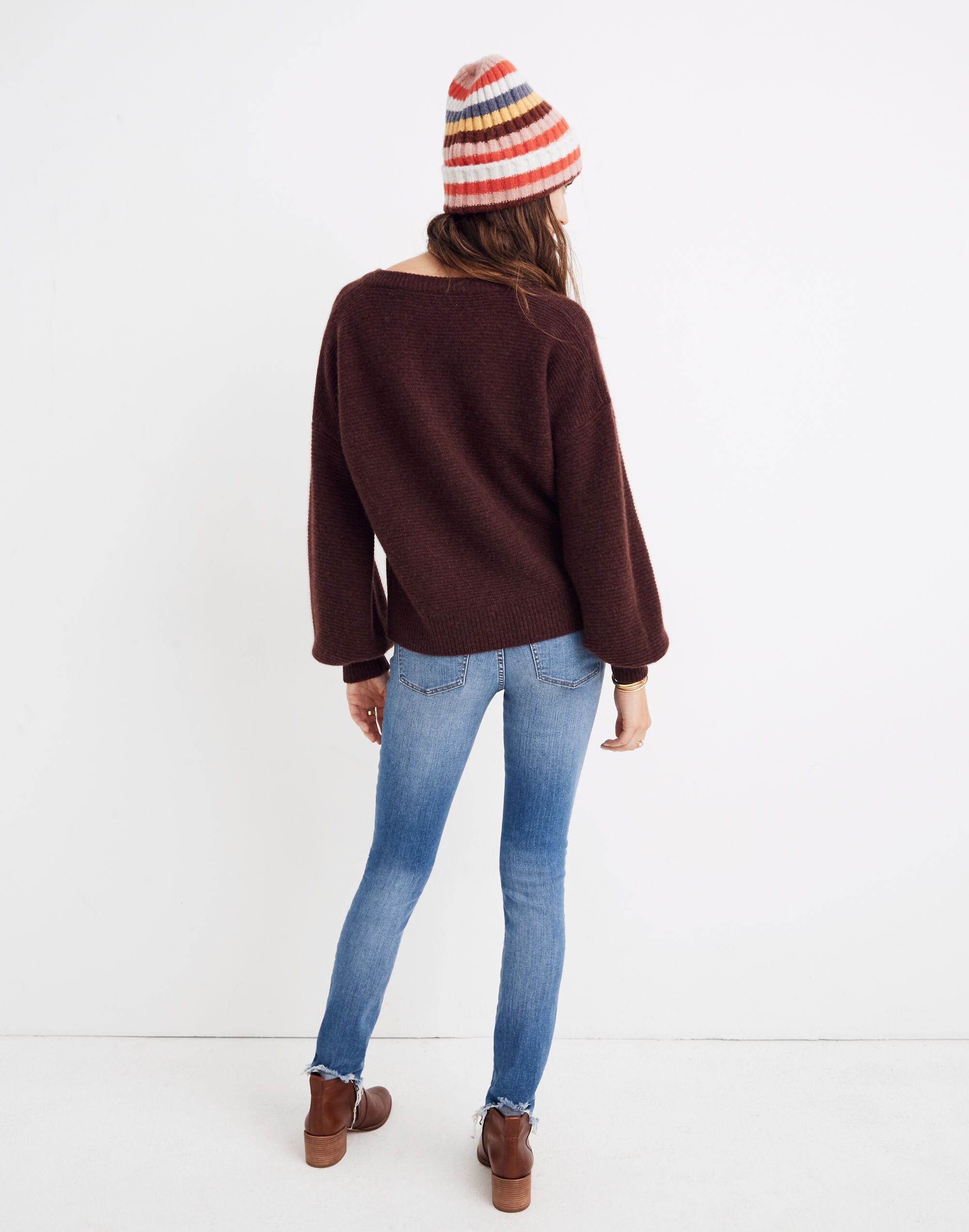 Cashmere V-Neck Bubble-Sleeve Sweater