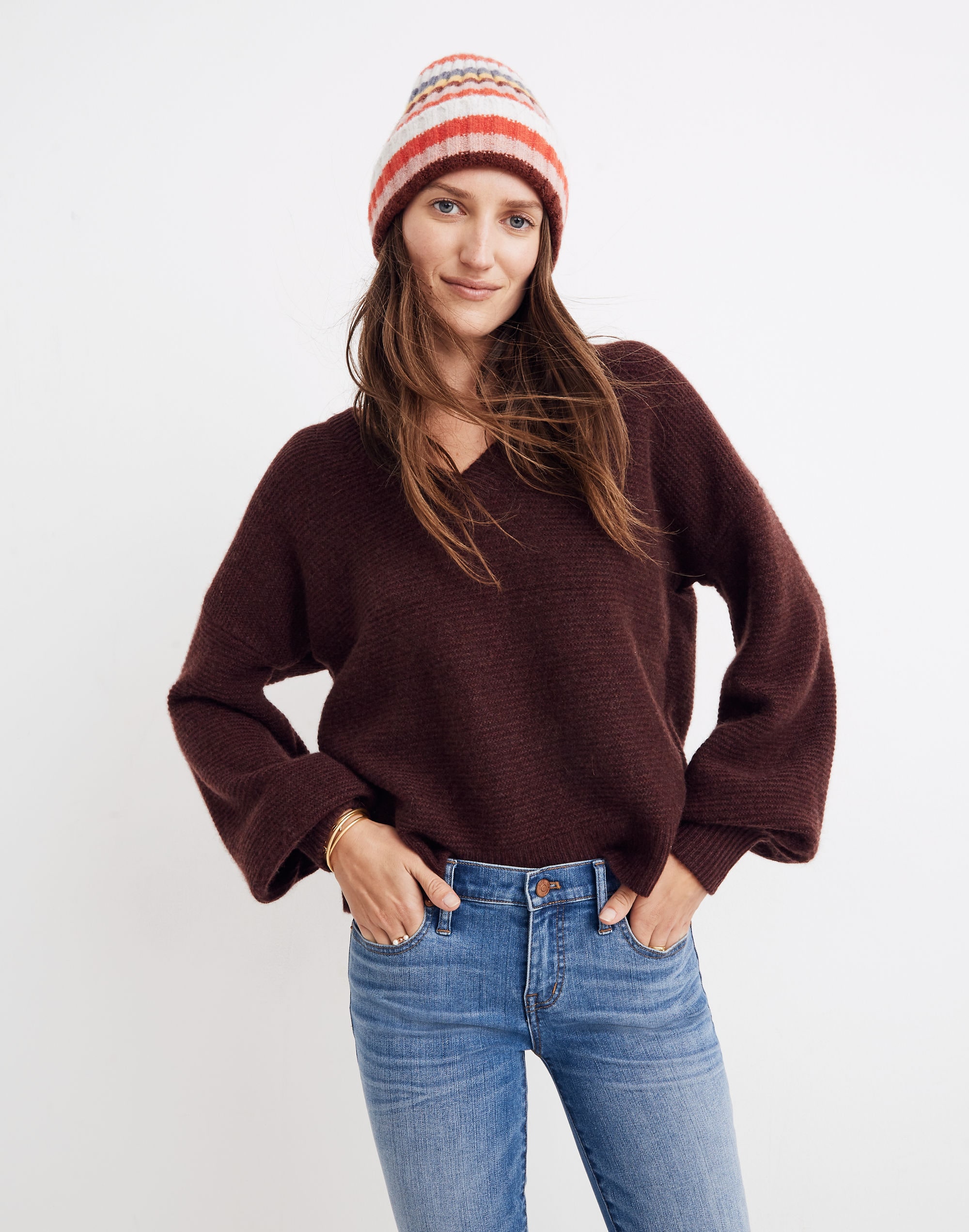 Cashmere V-Neck Bubble-Sleeve Sweater