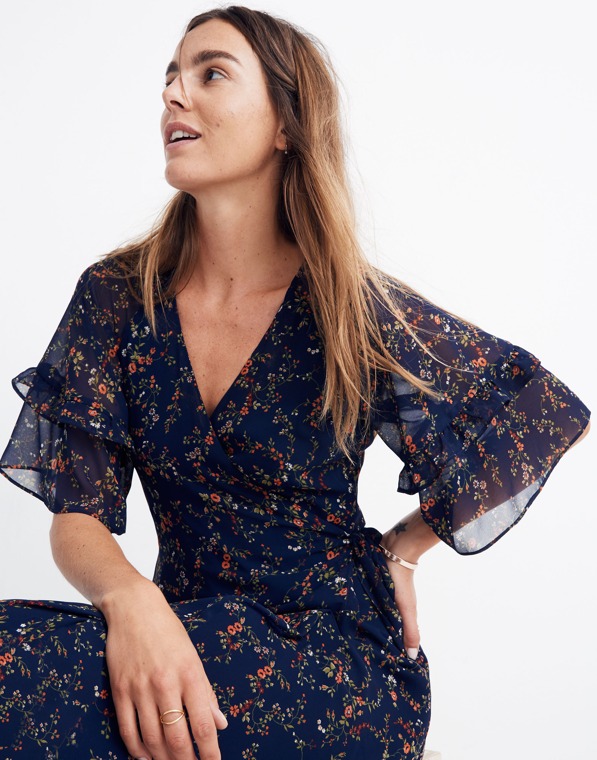 Vervain Ruffle-Sleeve Wrap Dress in Moonless Floral