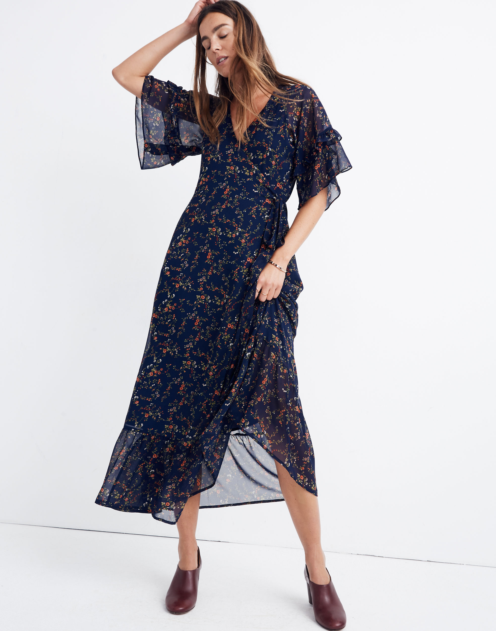 Vervain Ruffle-Sleeve Wrap Dress in Moonless Floral
