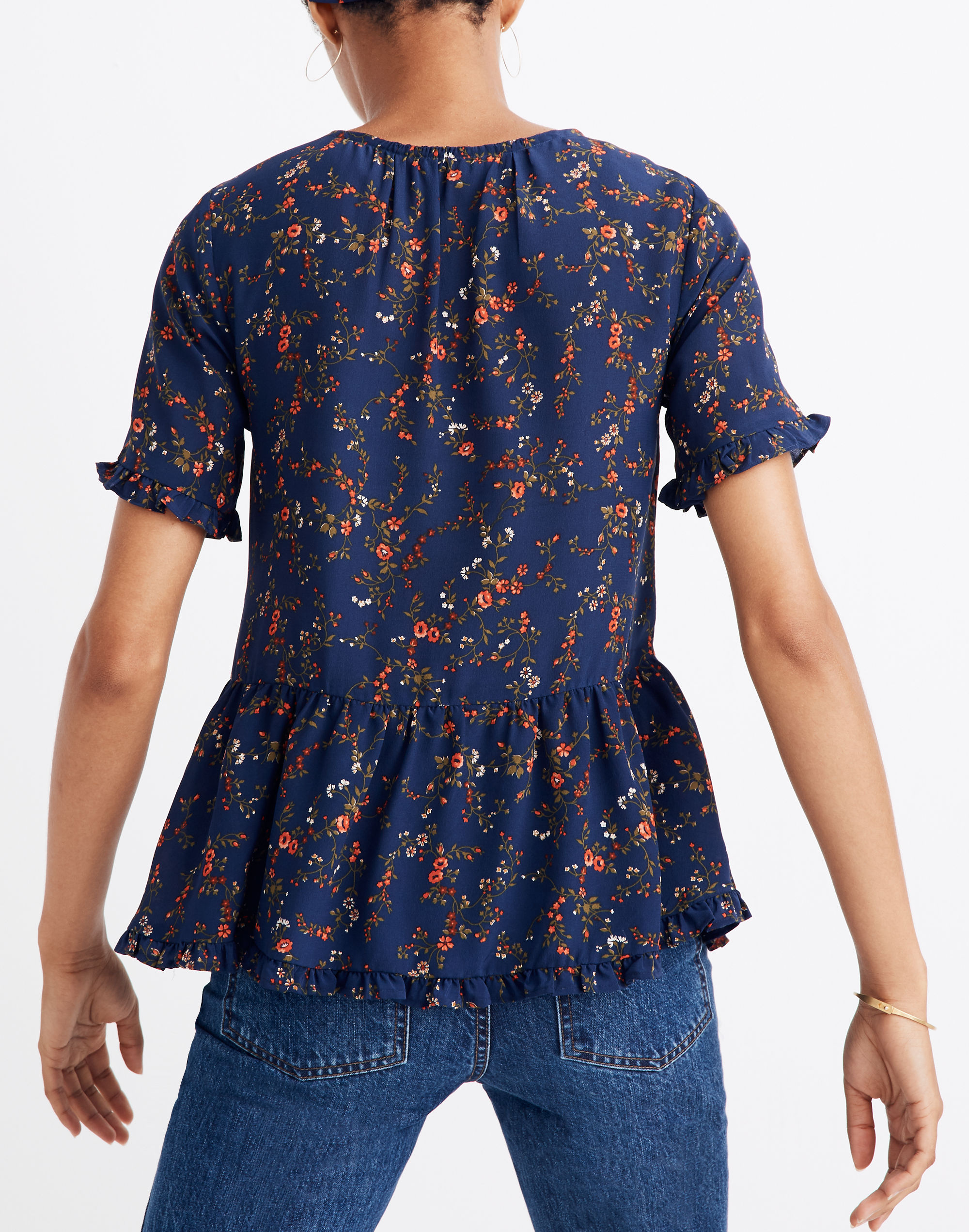 Silk Stanza Ruffle-Hem Top in Moonless Floral