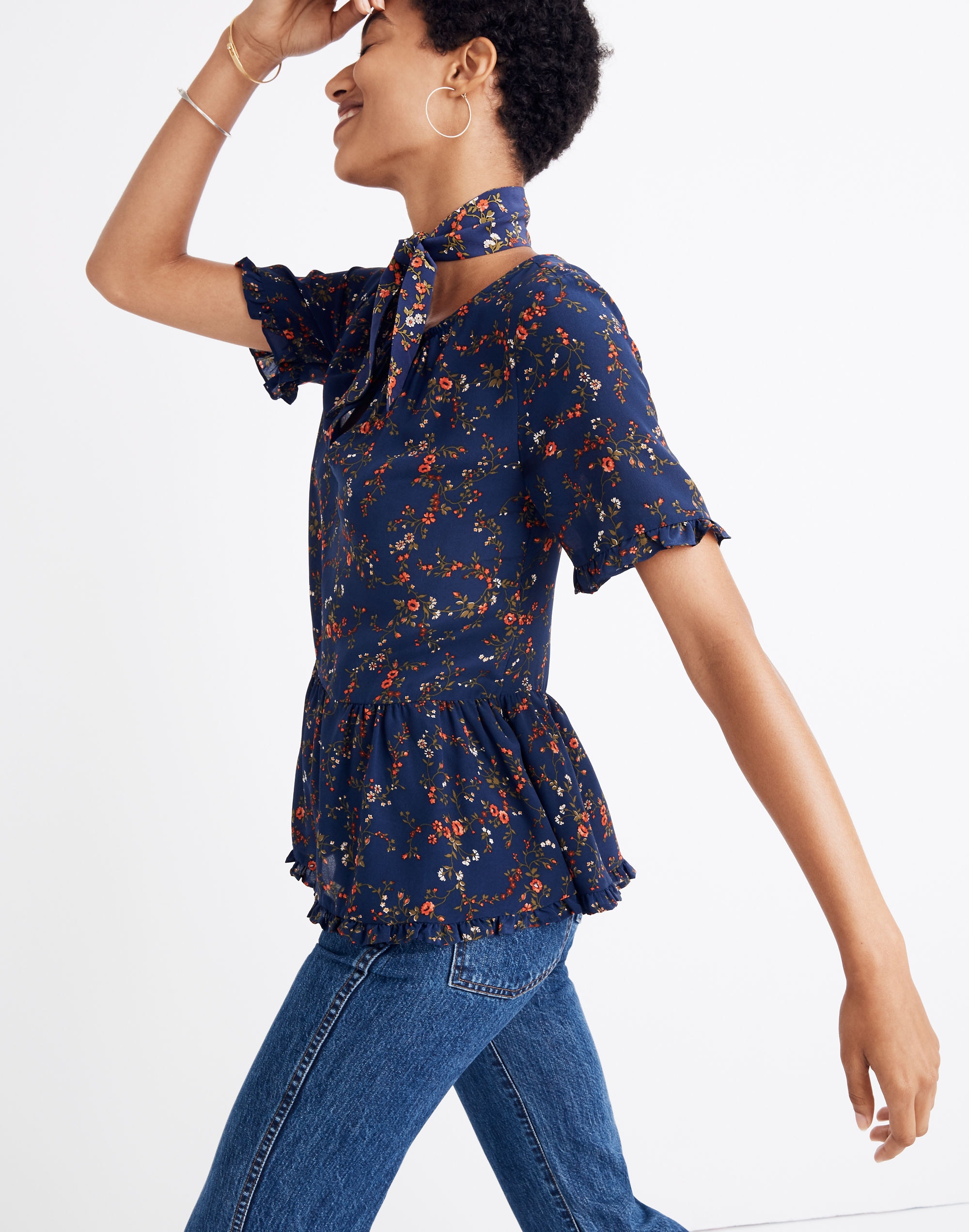 Silk Stanza Ruffle-Hem Top in Moonless Floral