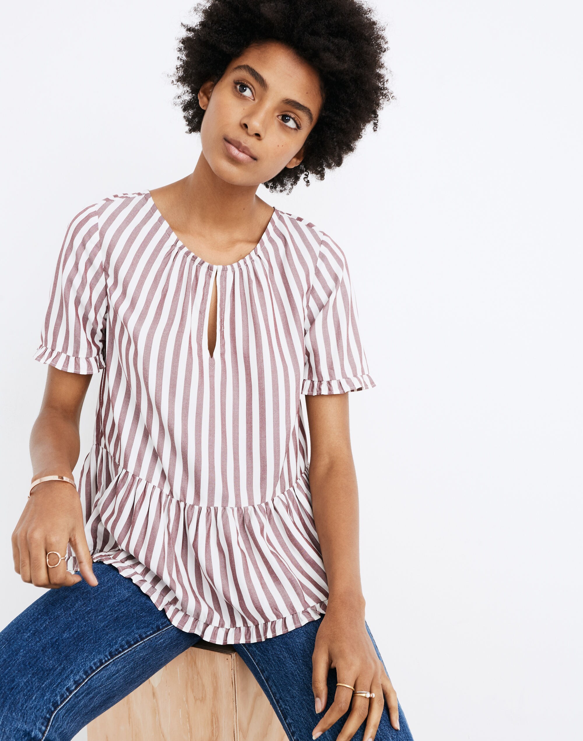 Stanza Ruffle-Hem Top in Stripe