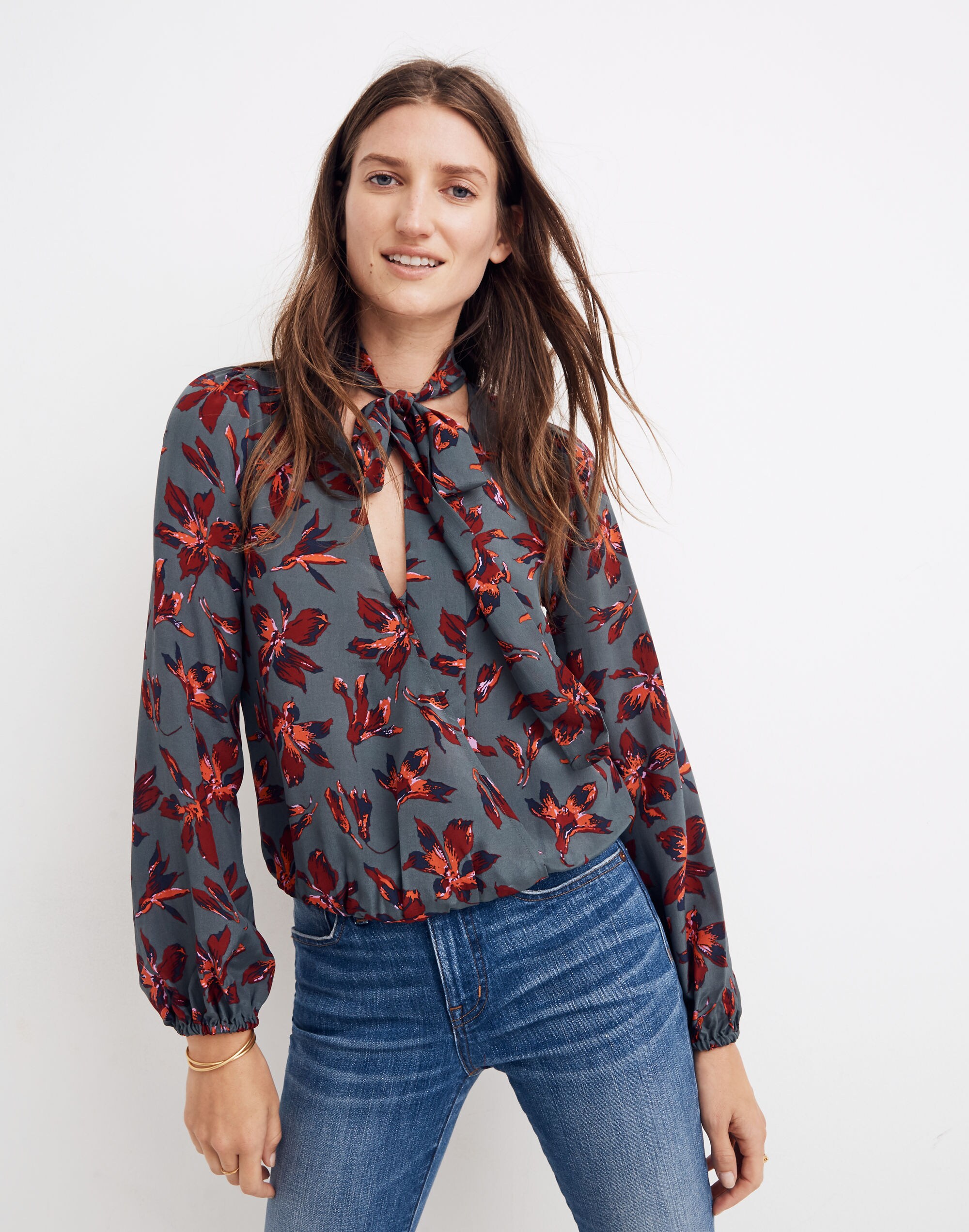 Silk Tie-Neck Wrap Top in Winter Orchid