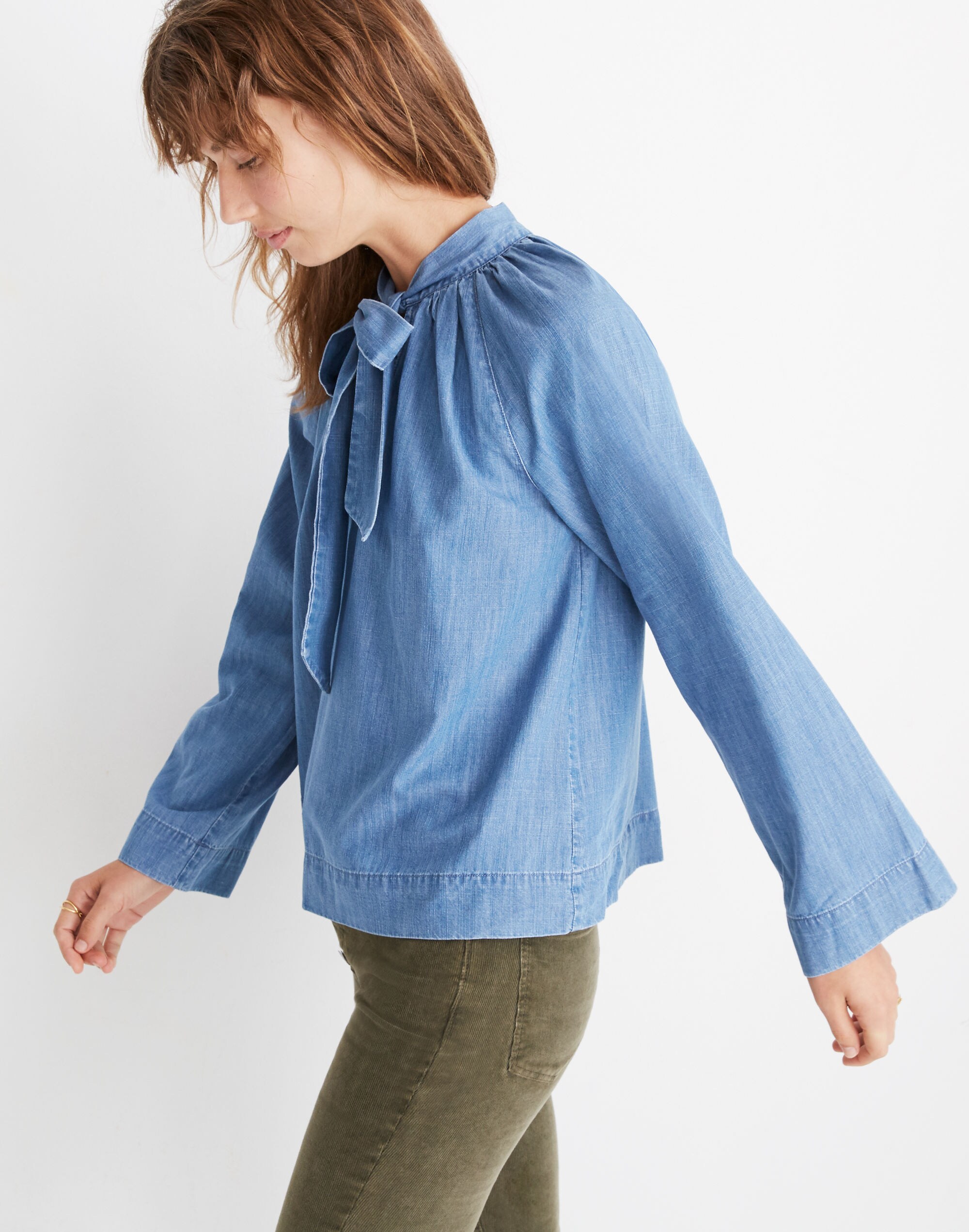 Denim Tie-Neck Popover Shirt