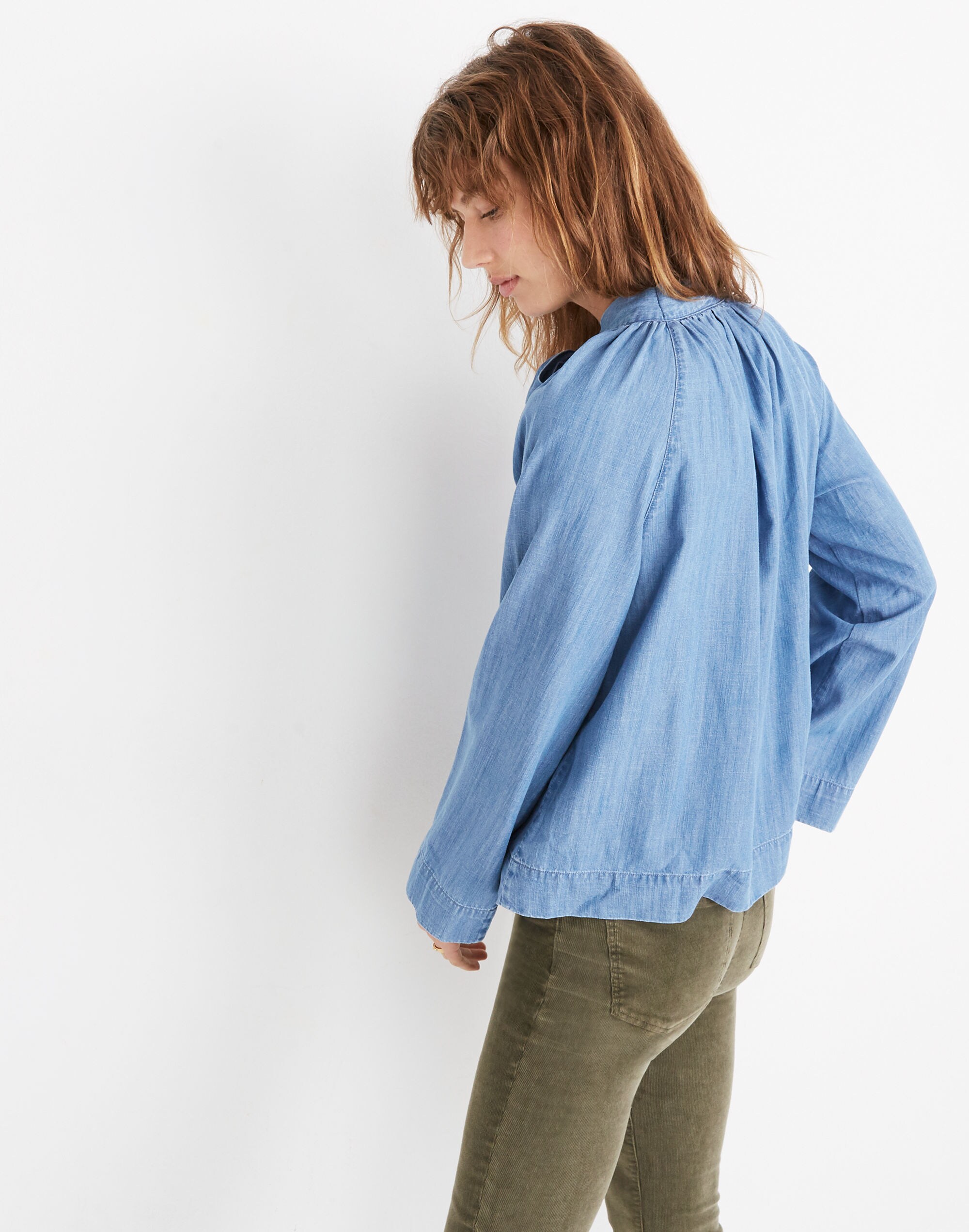 Denim Tie-Neck Popover Shirt
