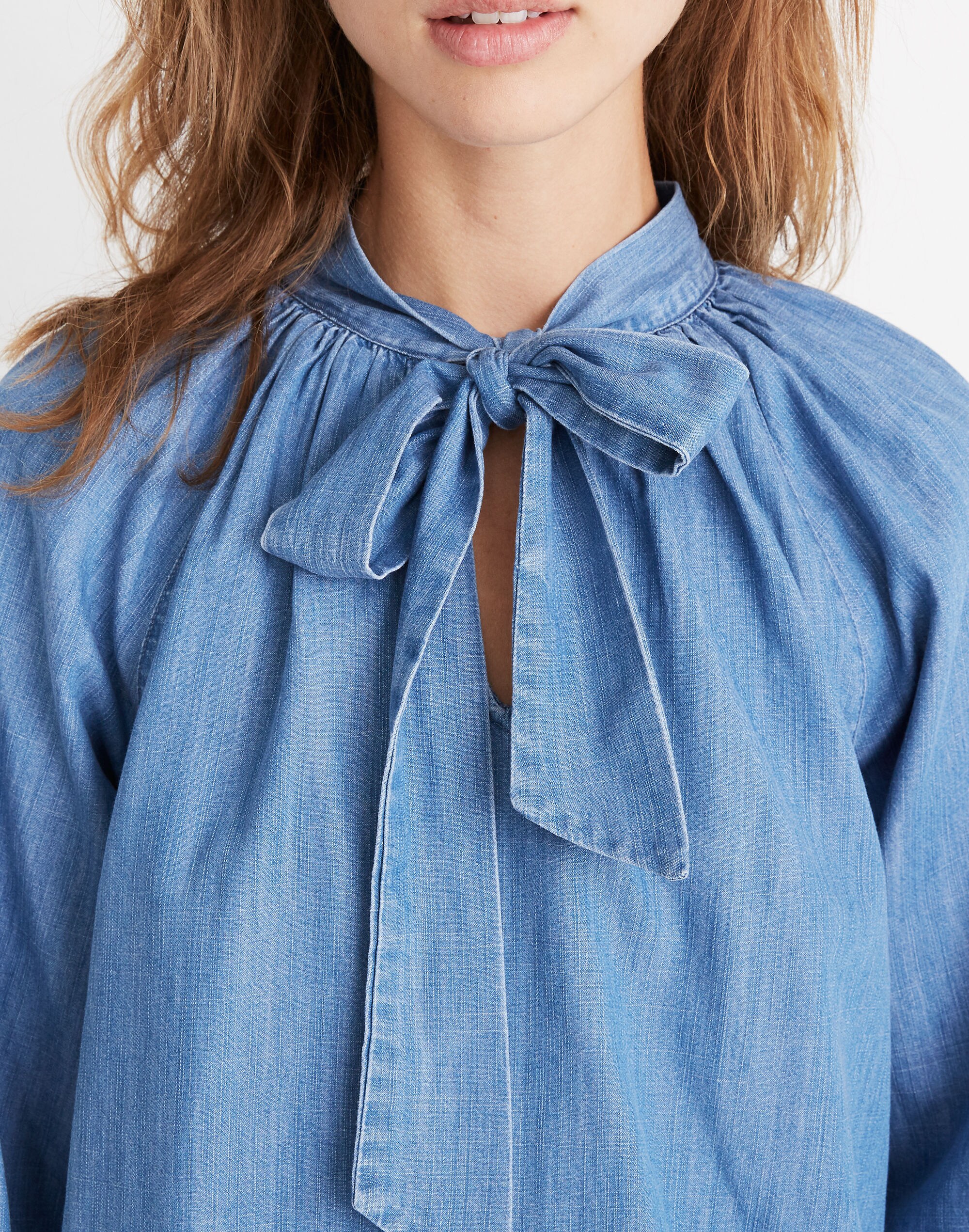 Denim Tie-Neck Popover Shirt