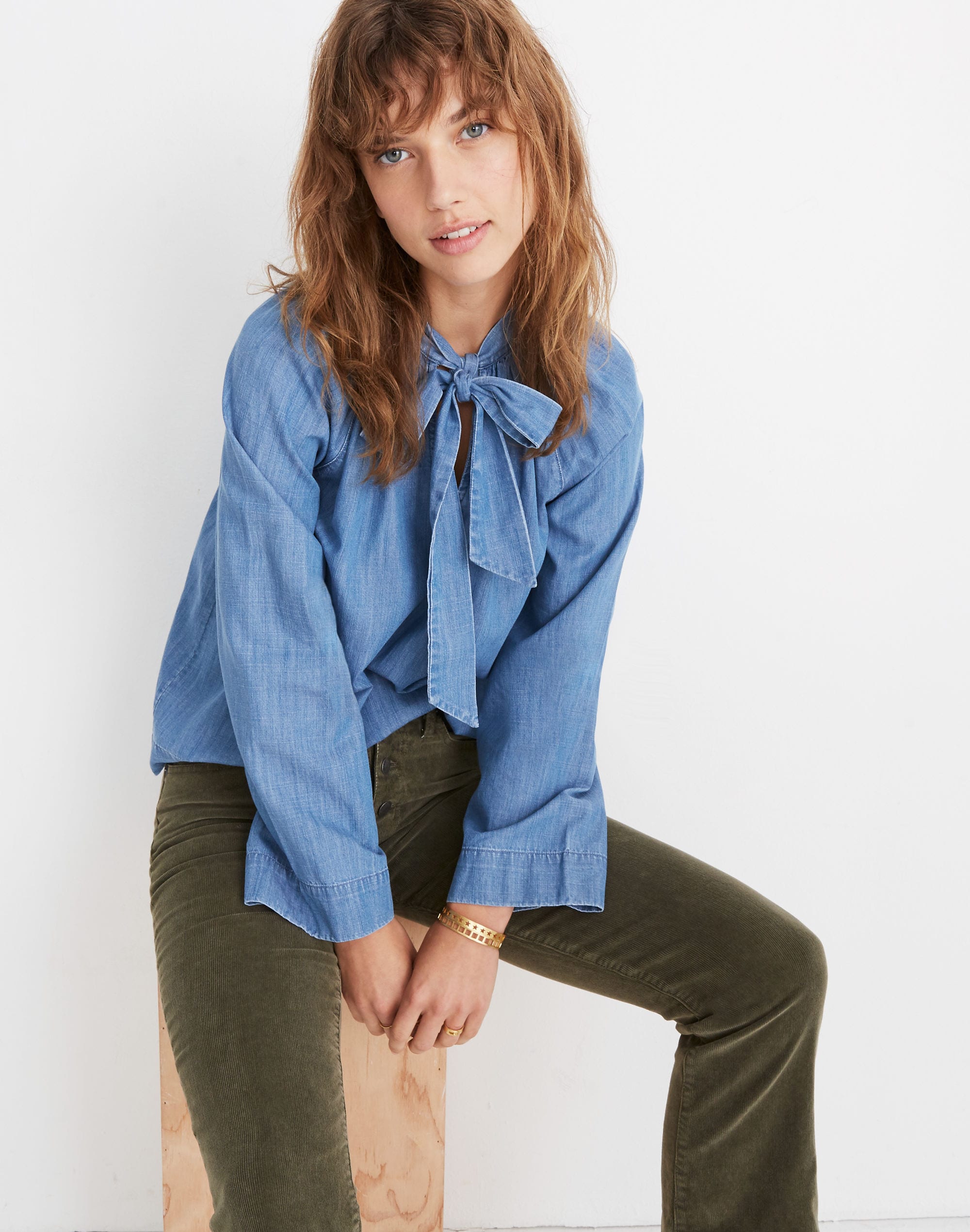 Denim Tie-Neck Popover Shirt