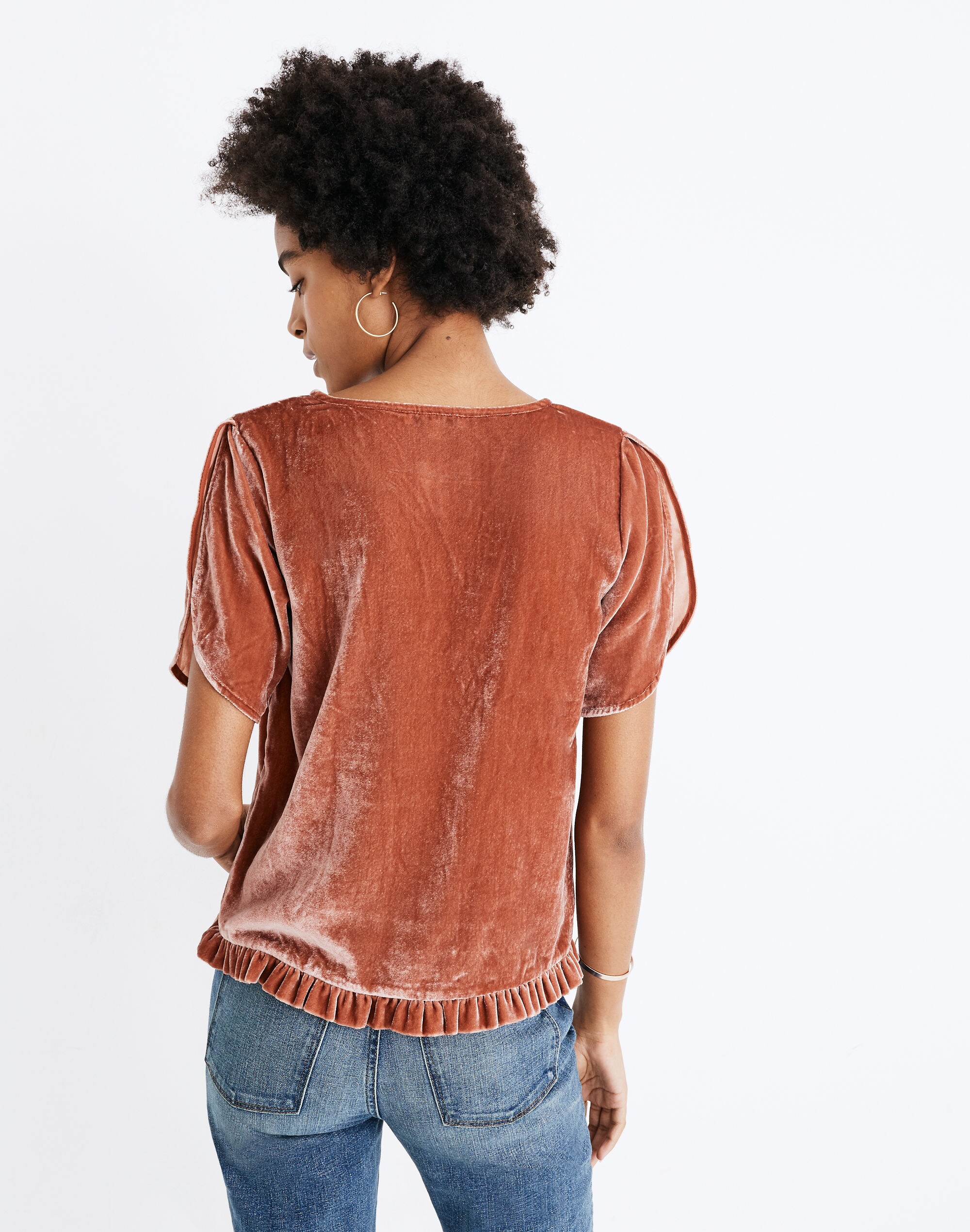 Velvet Tulip-Sleeve Ruffle Top