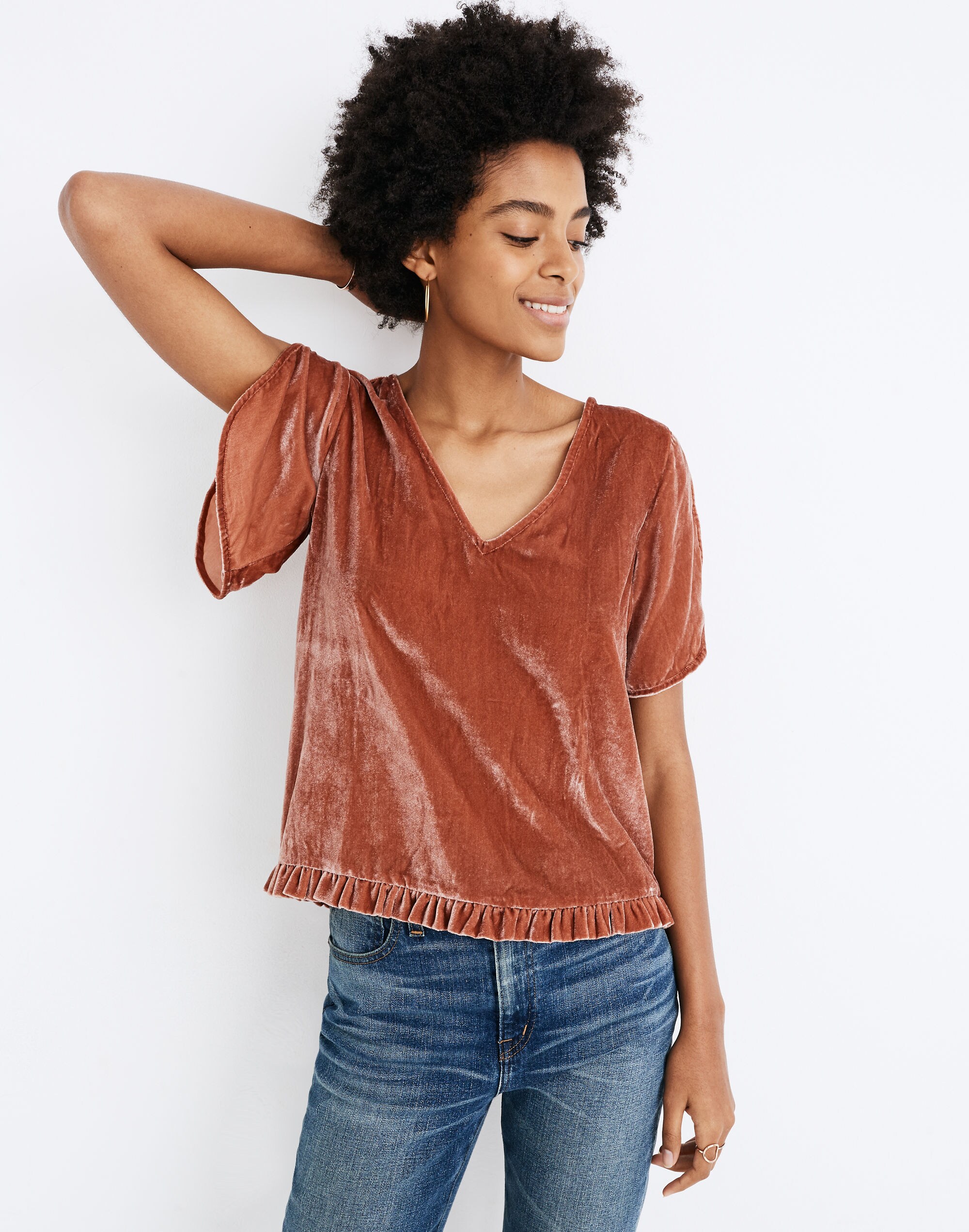 Velvet Tulip-Sleeve Ruffle Top