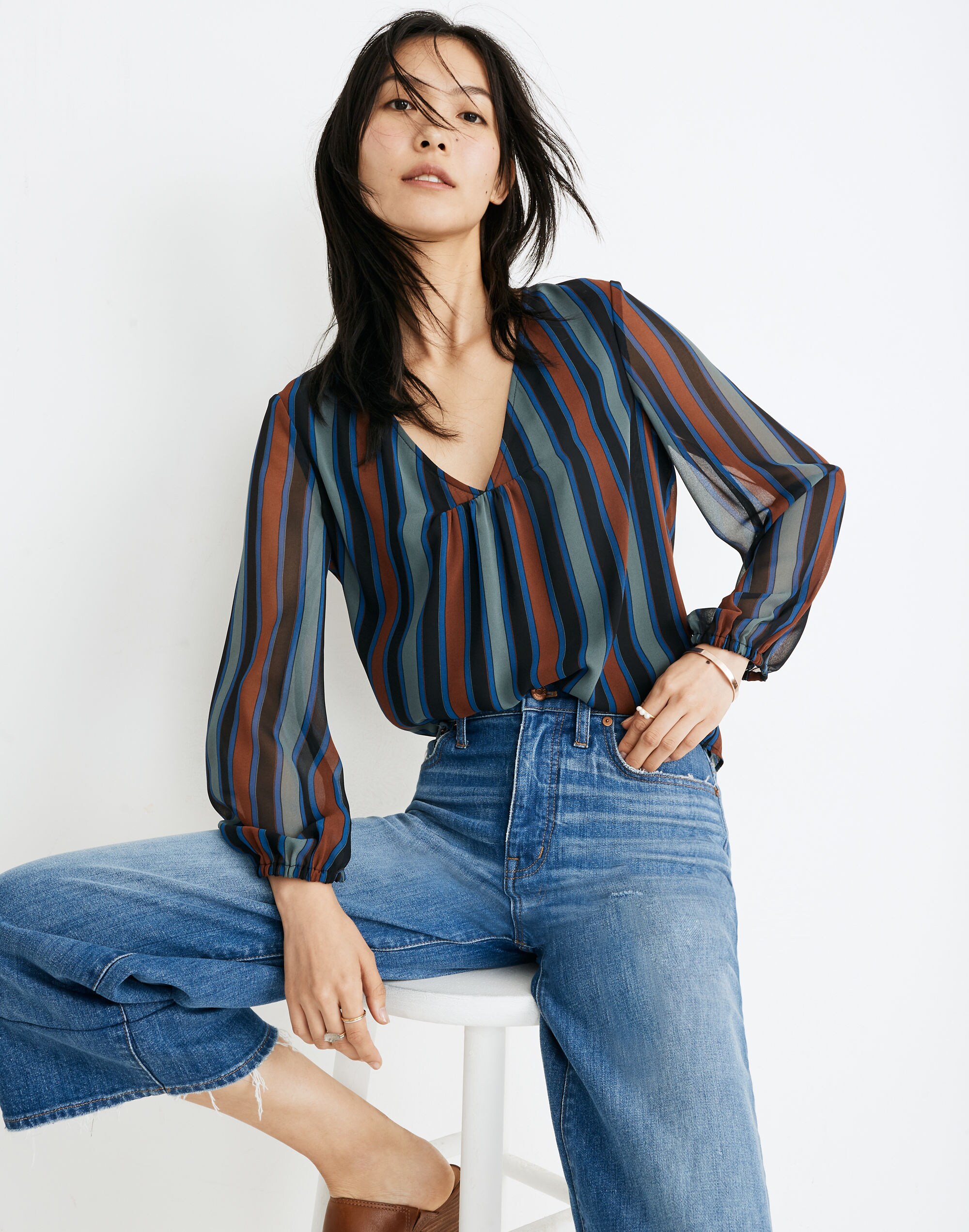 Sheer-Sleeve Top in Academy Stripe