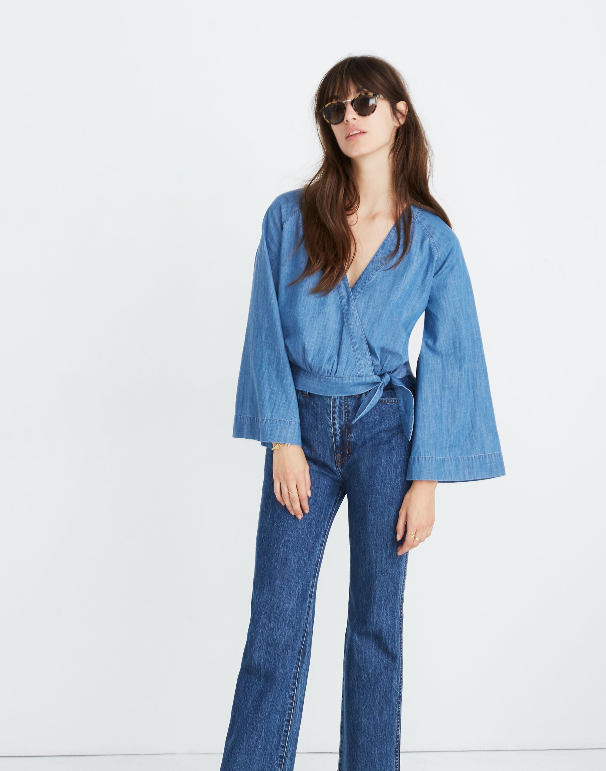 Denim Bell-Sleeve Wrap Top
