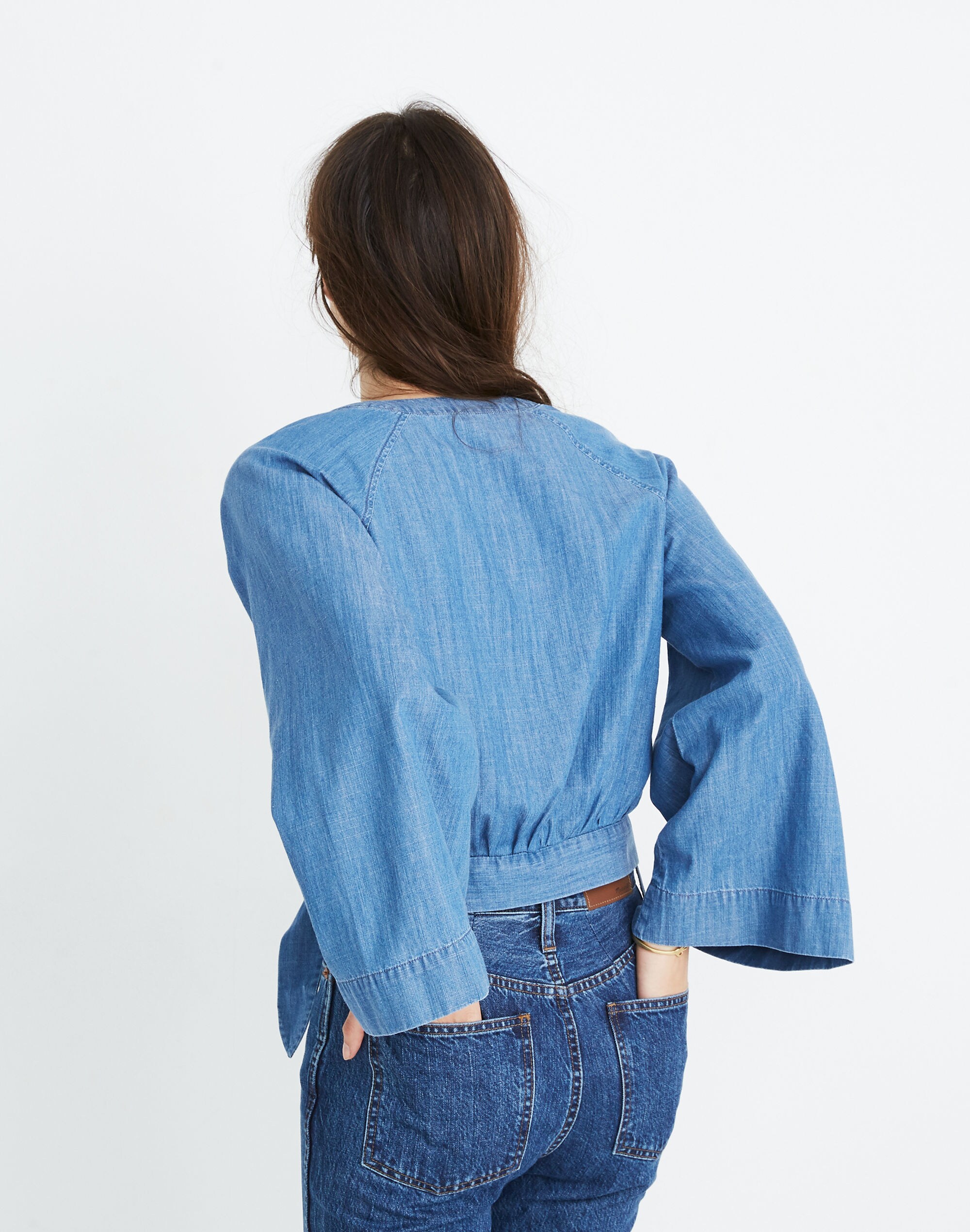 Denim Bell-Sleeve Wrap Top