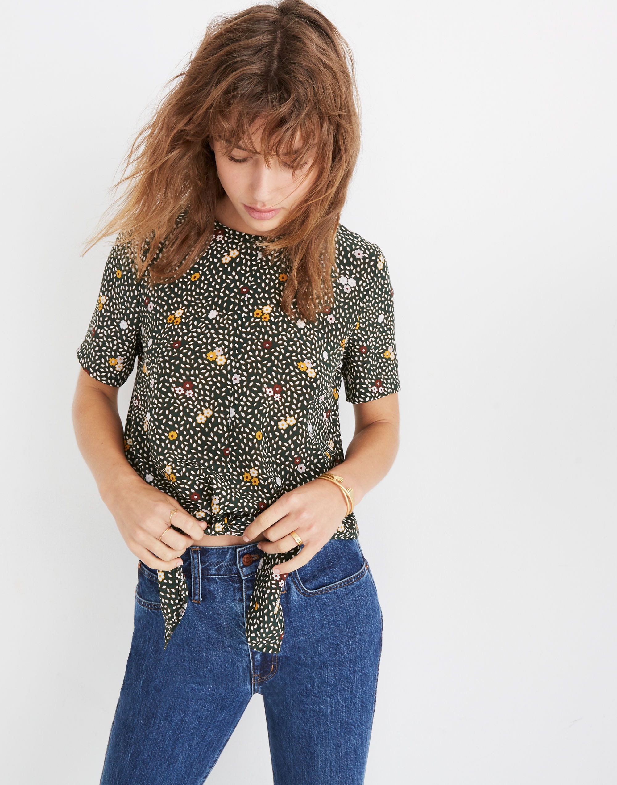Silk Button-Back Tie Tee in Dropleaf Floral