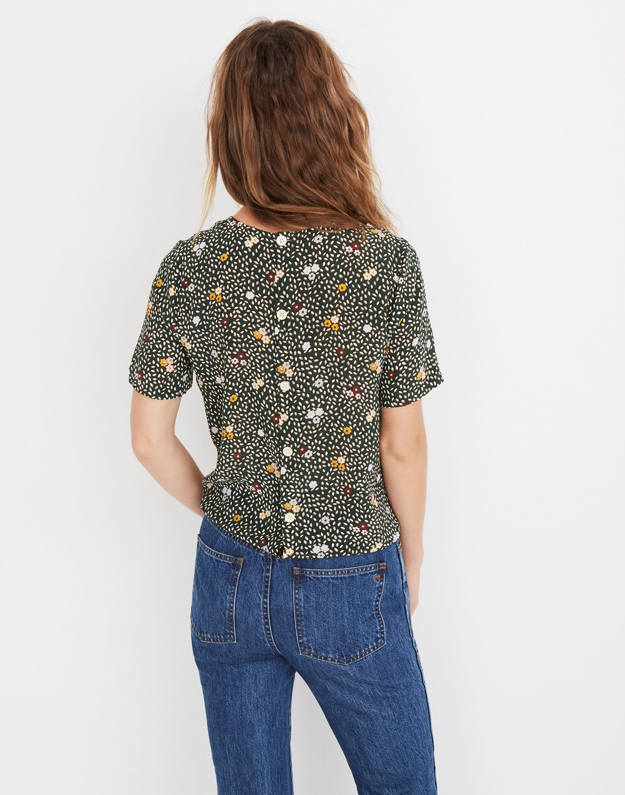 Silk Button-Back Tie Tee in Dropleaf Floral