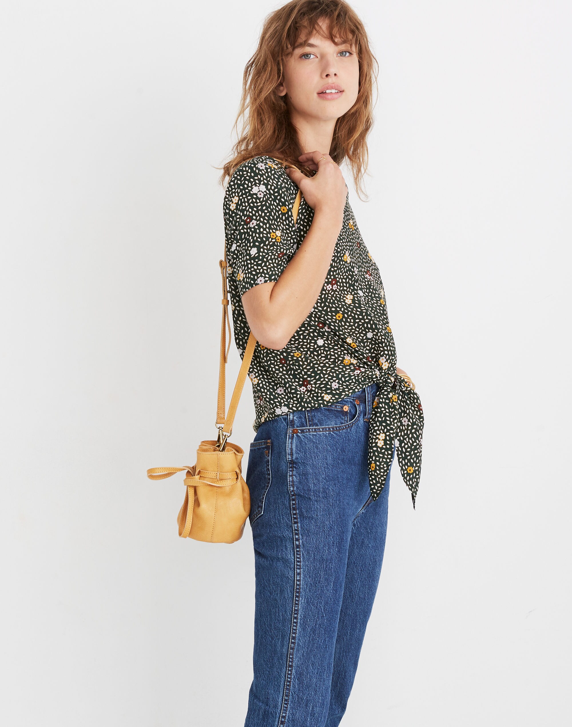 Silk Button-Back Tie Tee in Dropleaf Floral