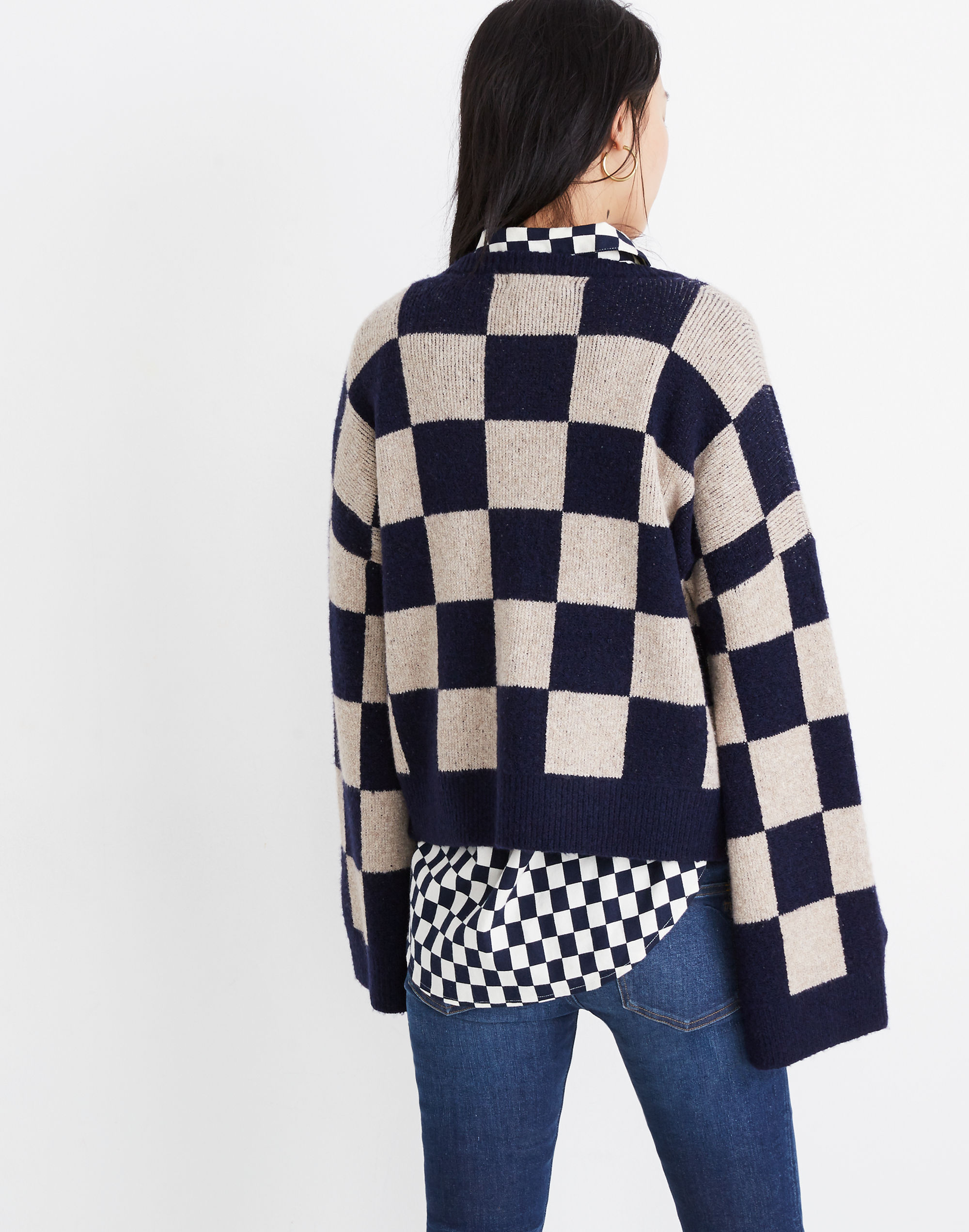 Cardiff Checkerboard Crewneck Sweater in Coziest Yarn