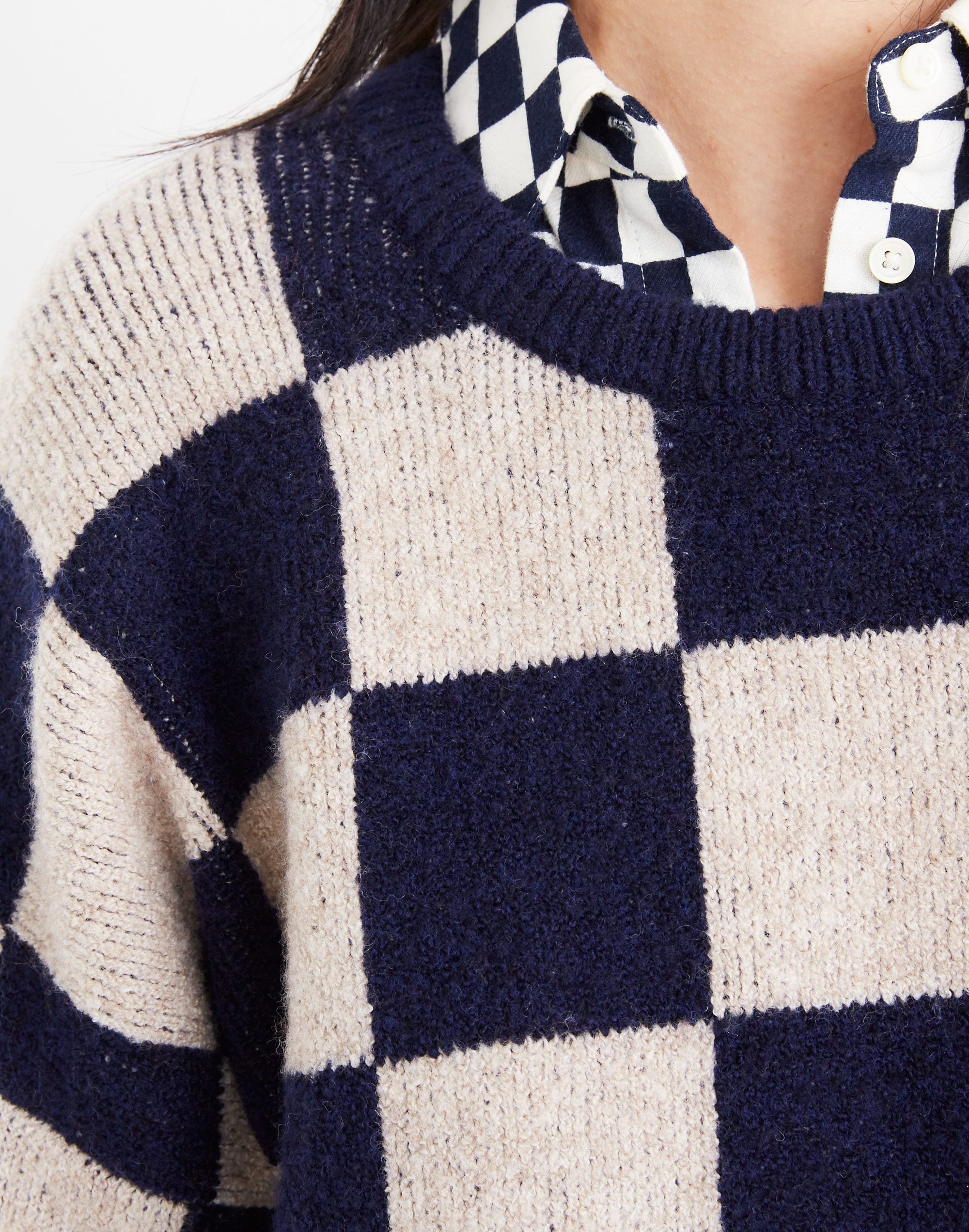 Cardiff Checkerboard Crewneck Sweater in Coziest Yarn