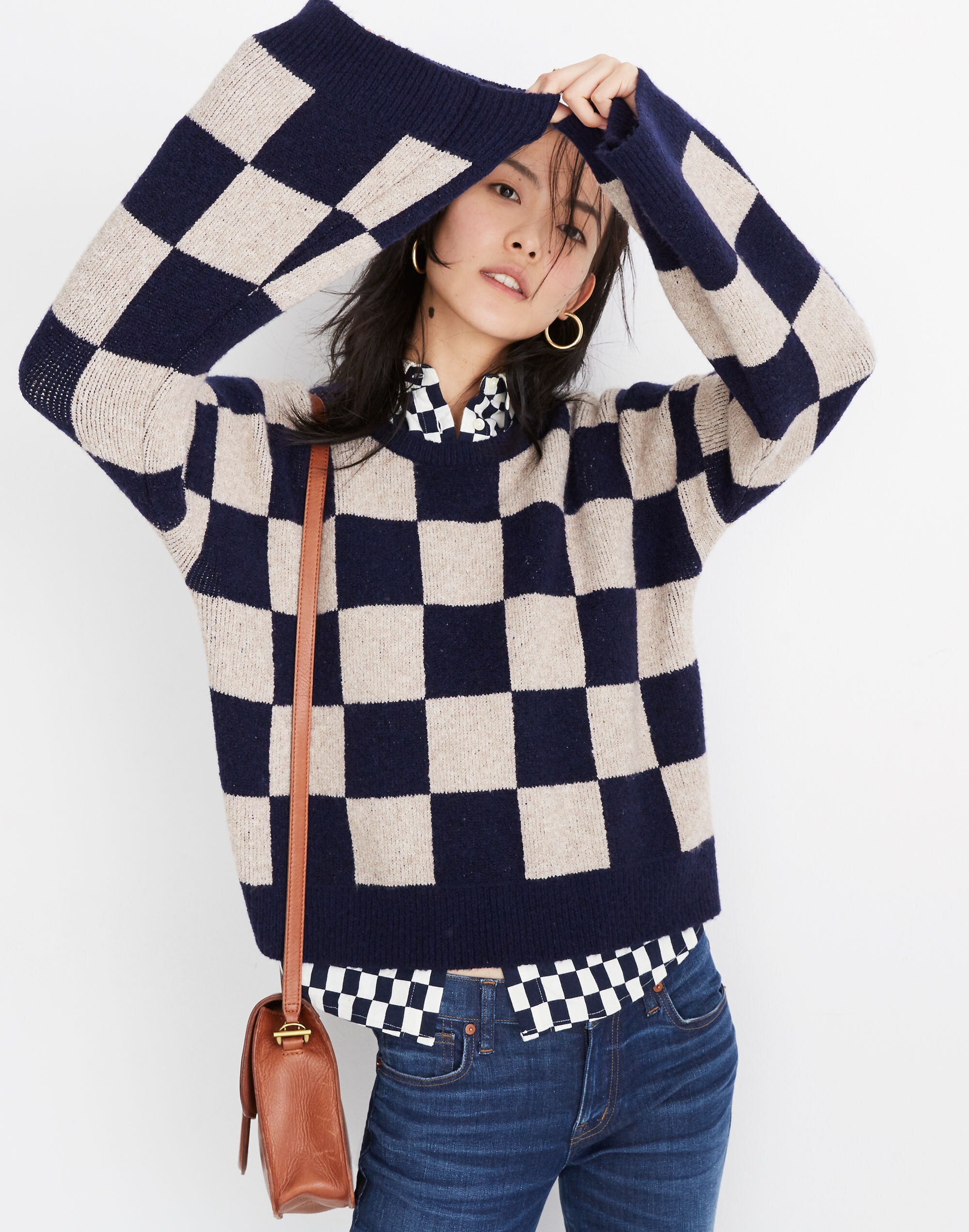Cardiff Checkerboard Crewneck Sweater in Coziest Yarn