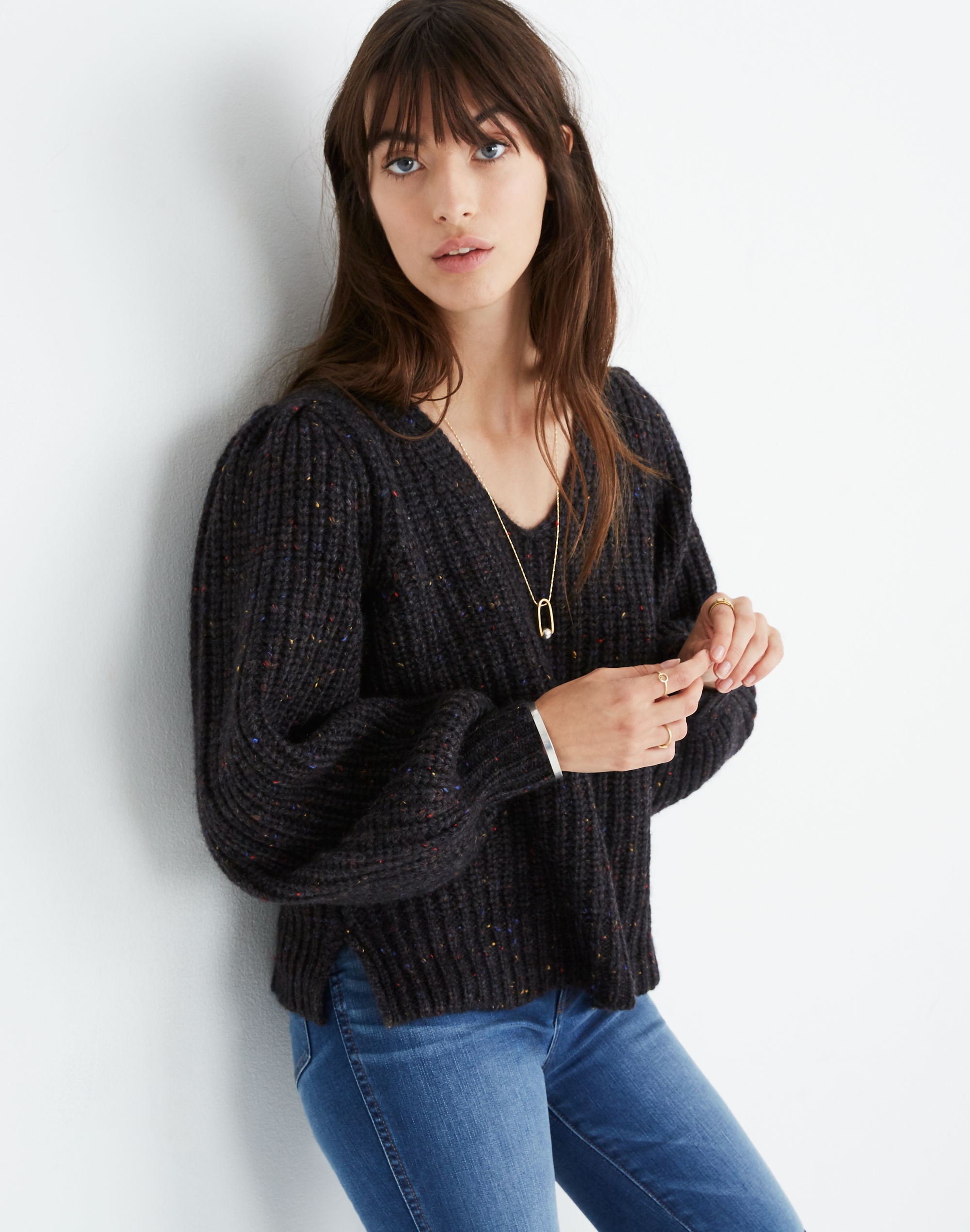 V-Neck Puff-Sleeve Sweater