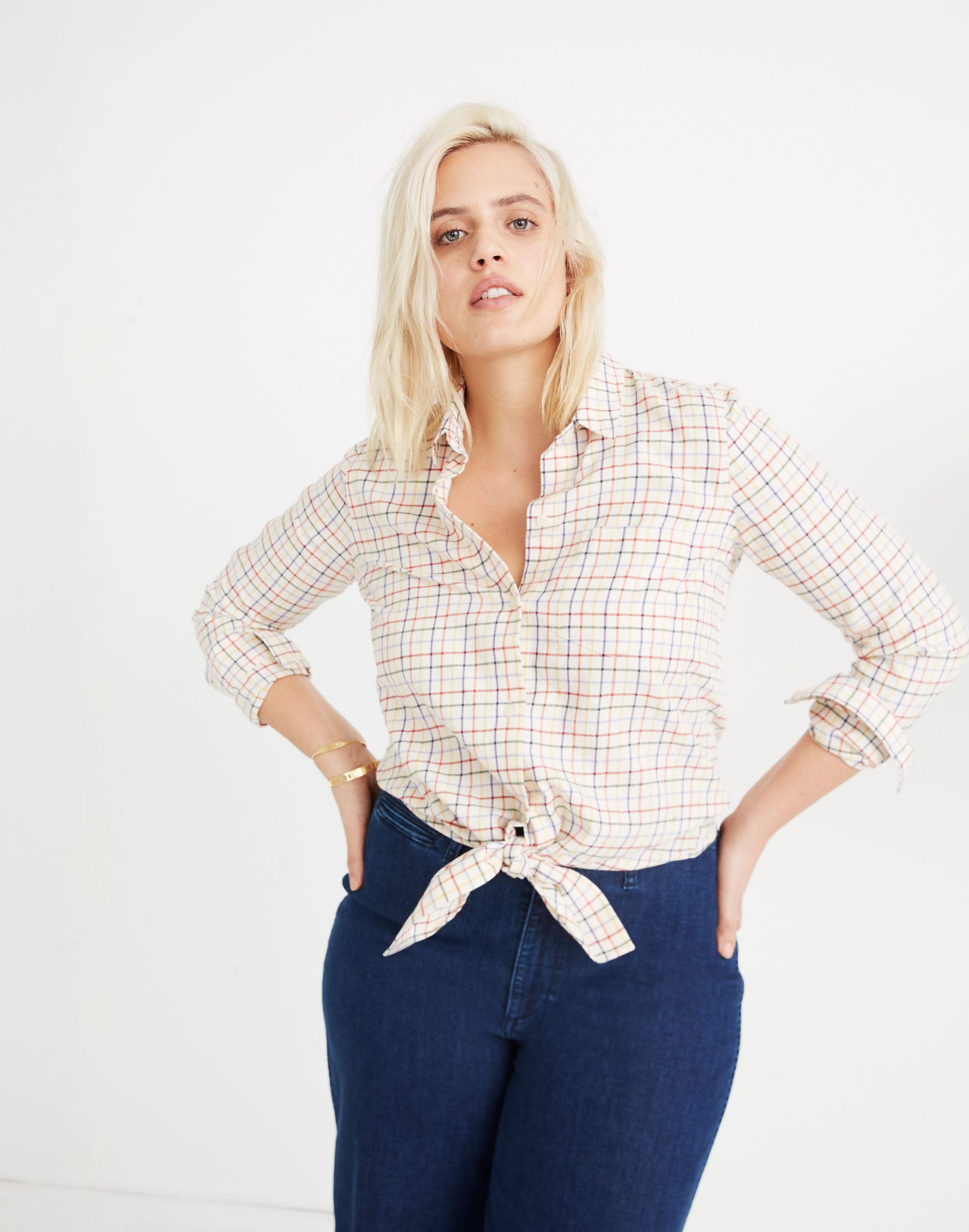 Tie-Front Shirt in Rainbow Plaid