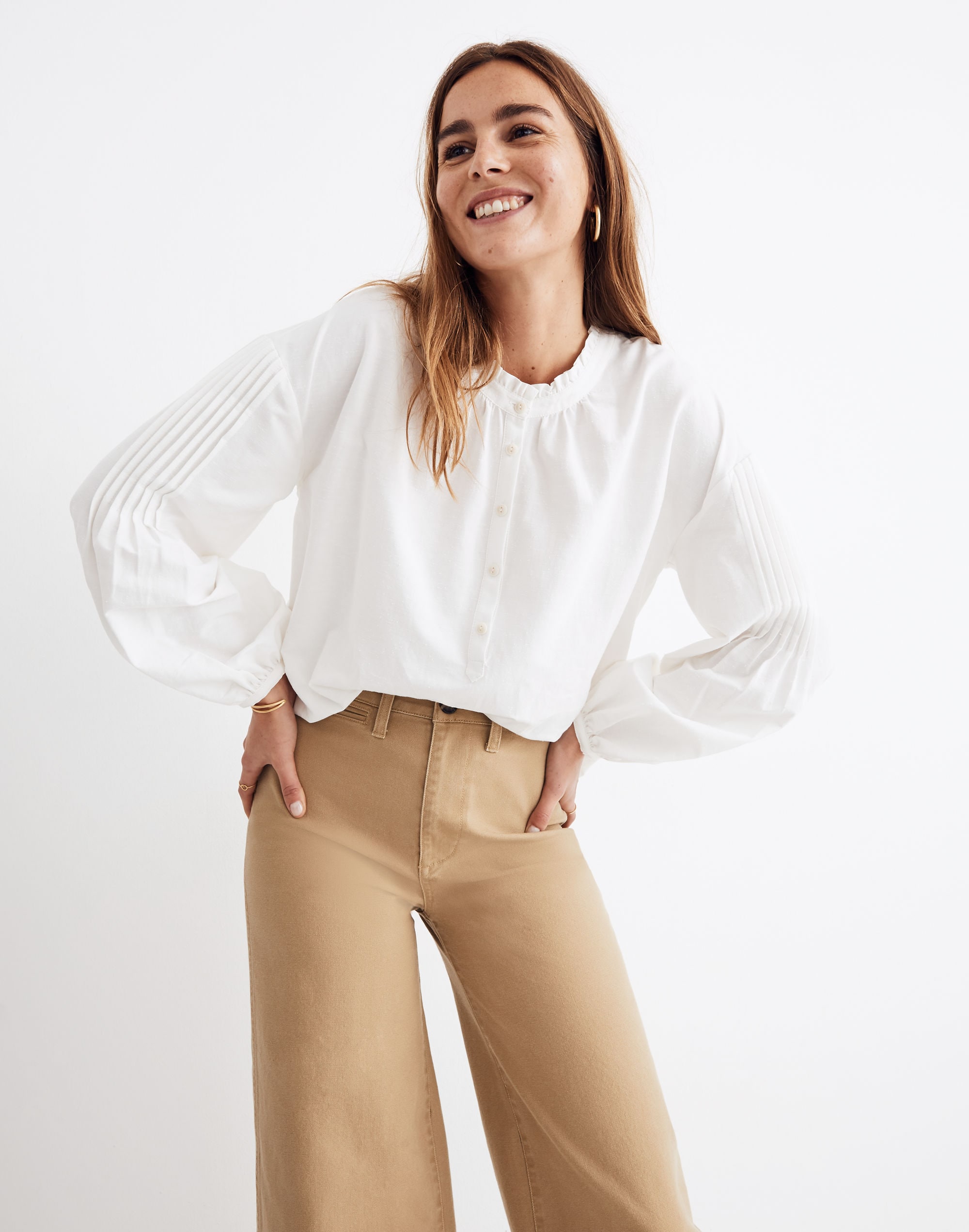 Pintuck-Sleeve Button-Down Top
