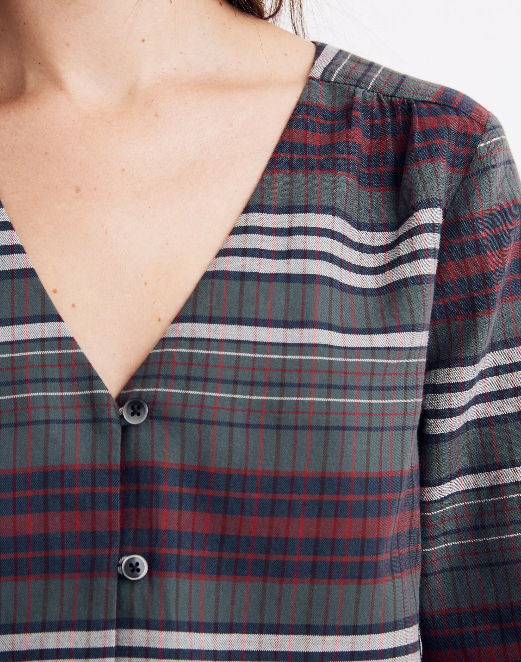 V-Neck Button-Down Shirt in Pineview Plaid