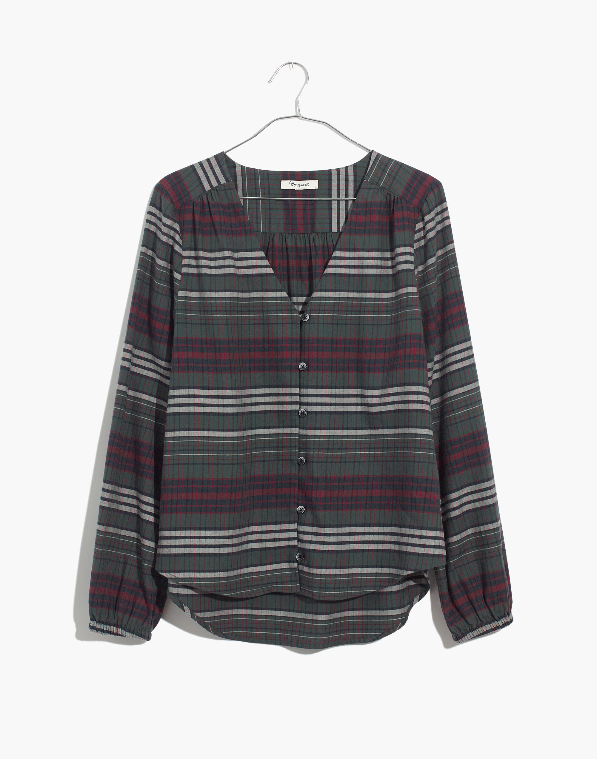 V-Neck Button-Down Shirt in Pineview Plaid