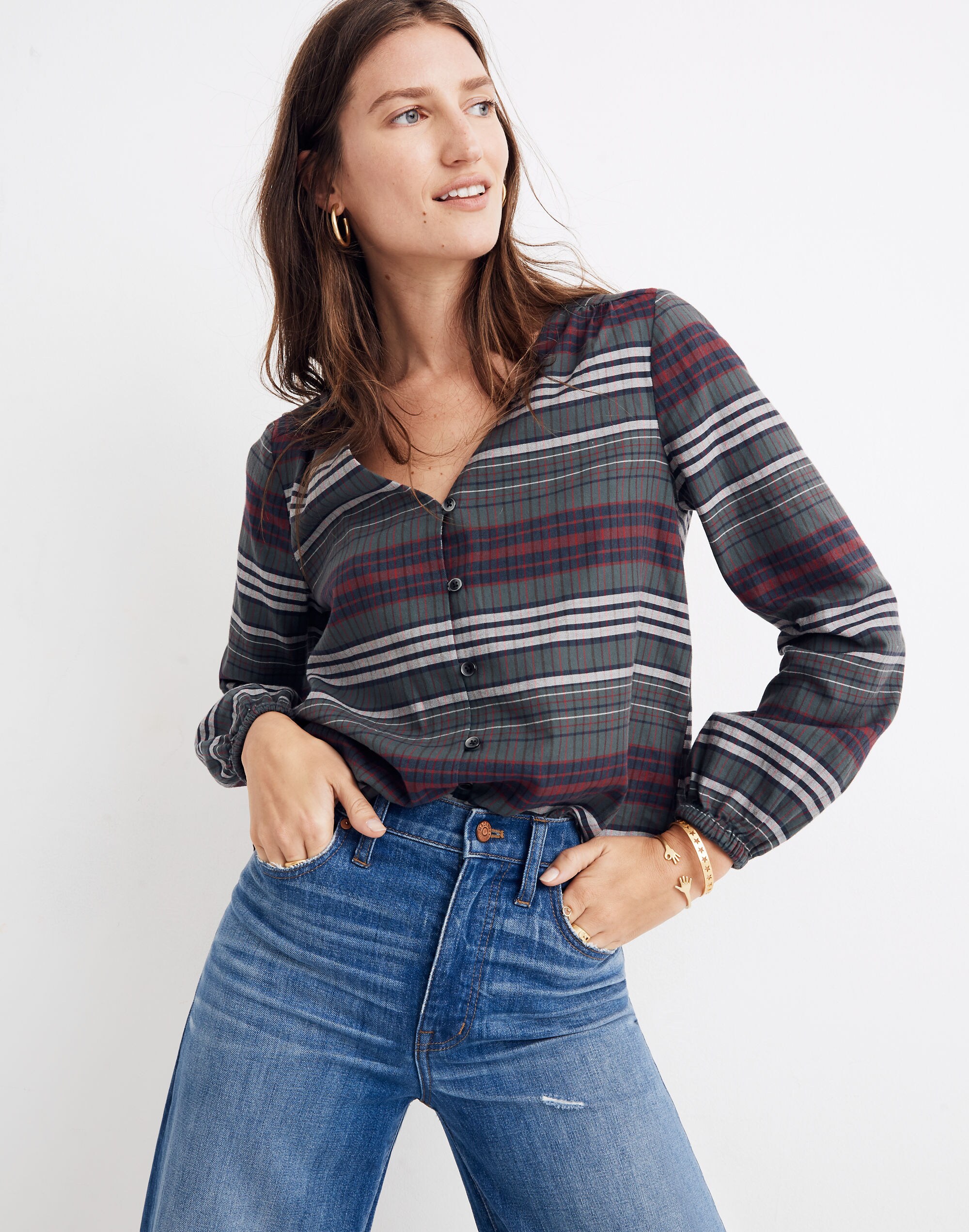 V-Neck Button-Down Shirt in Pineview Plaid