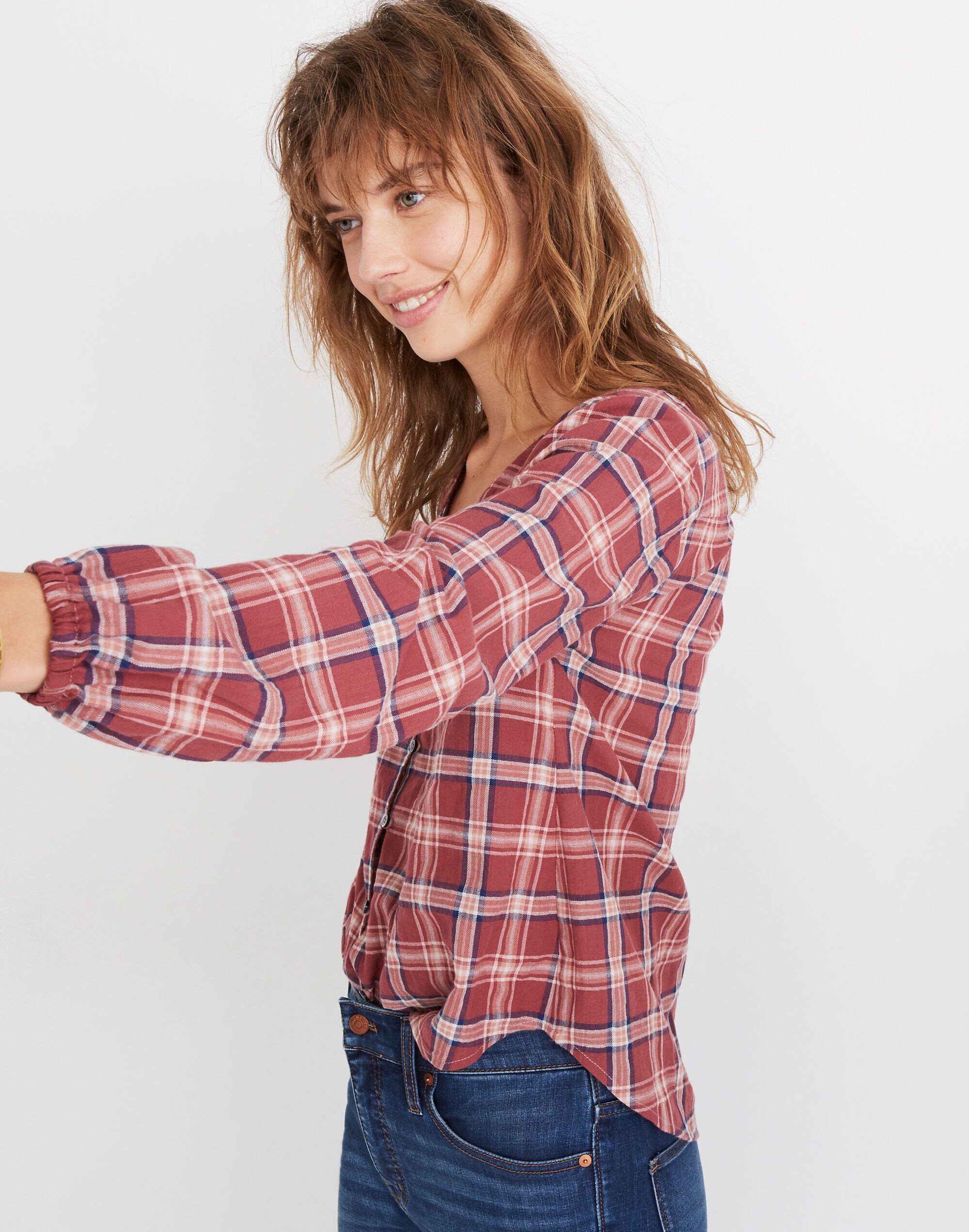 V-Neck Button-Down Shirt in Stratfield Plaid