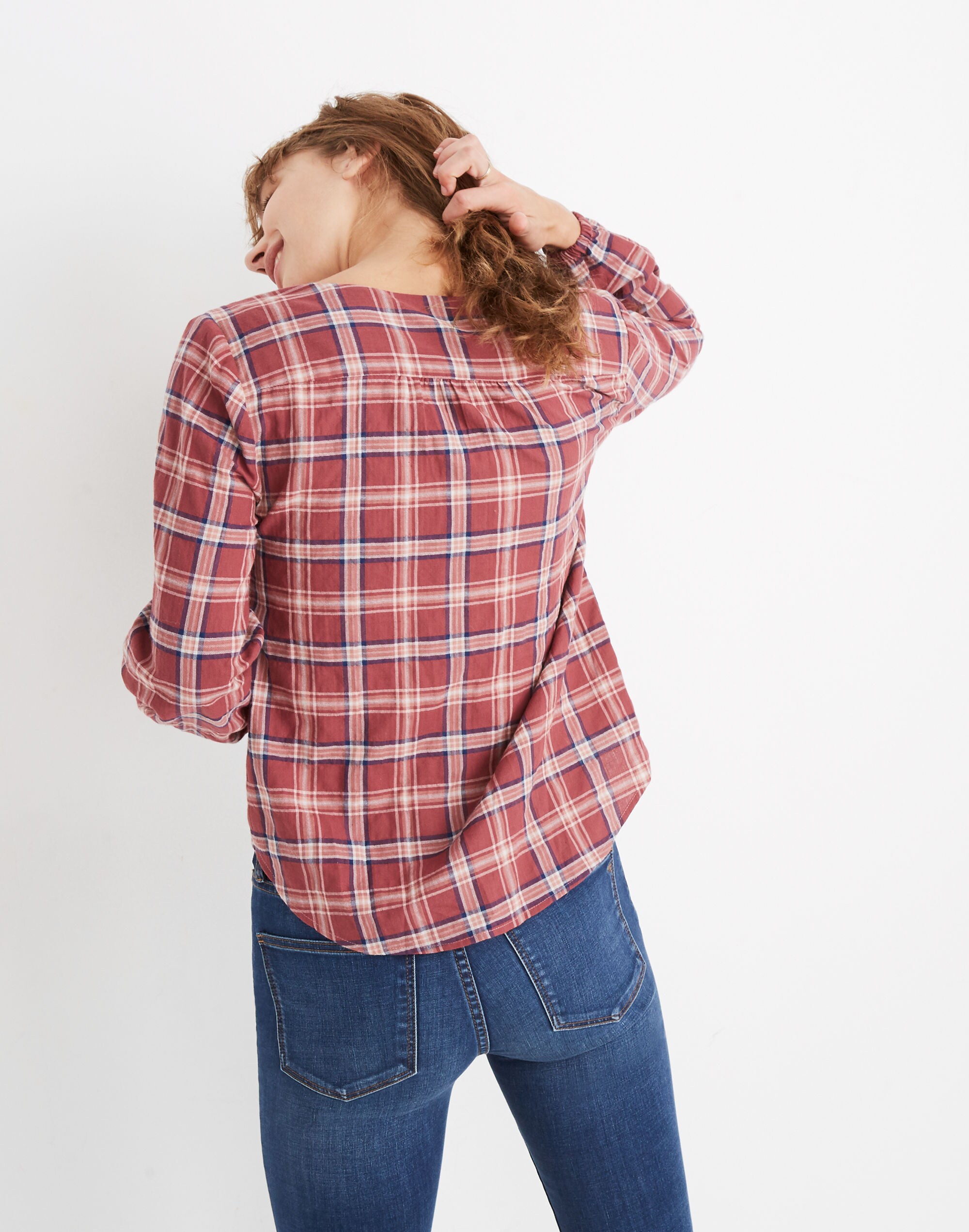 V-Neck Button-Down Shirt in Stratfield Plaid