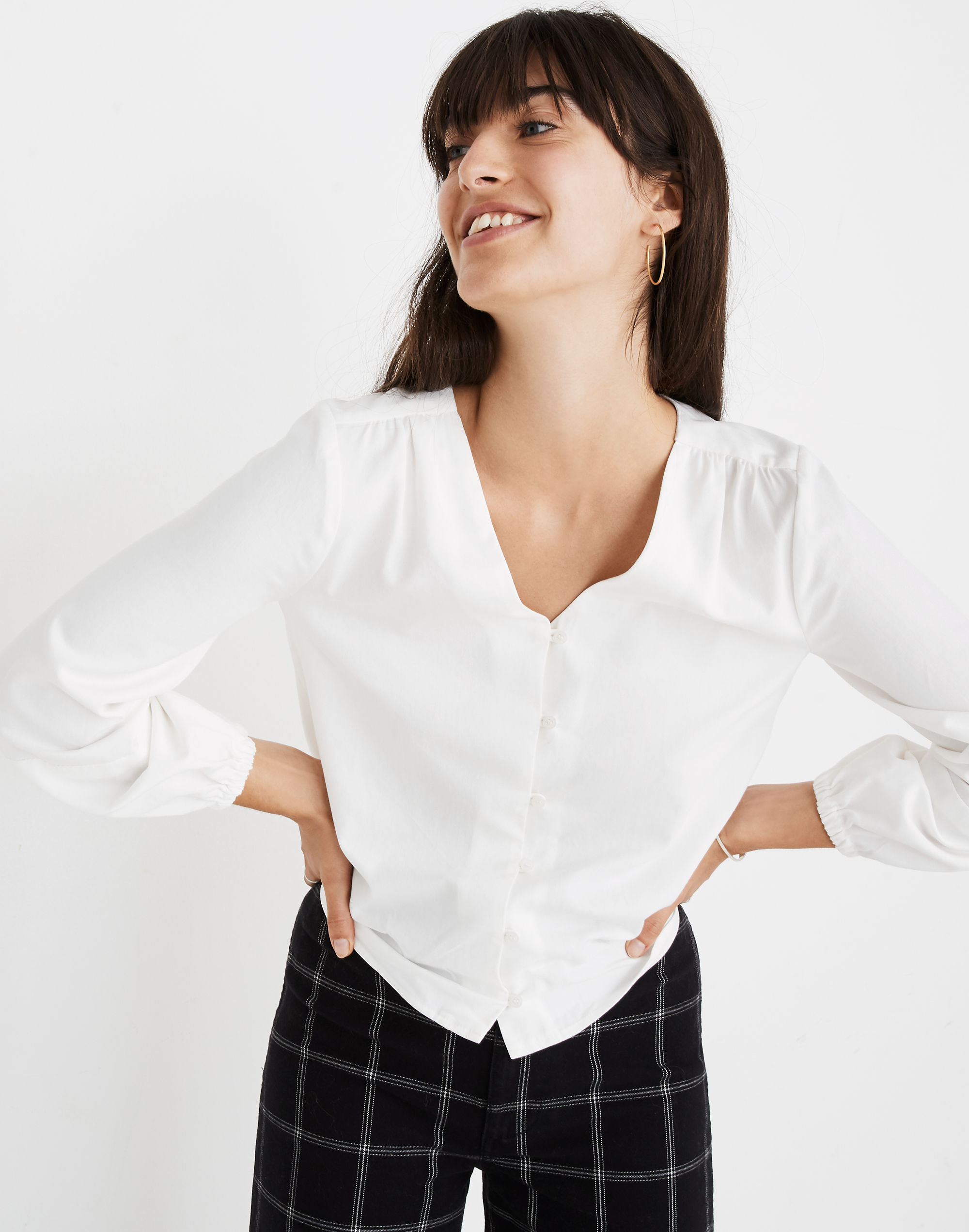 V-Neck Button-Down Shirt in White