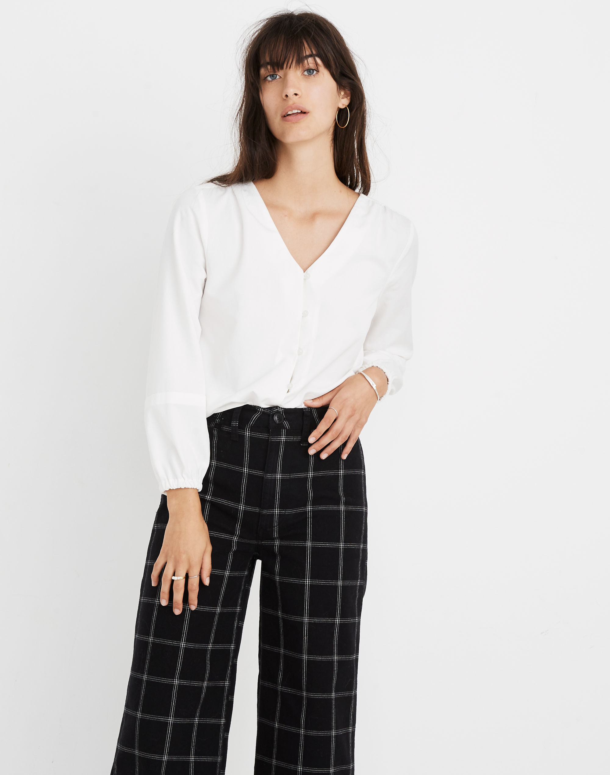 V-Neck Button-Down Shirt in White