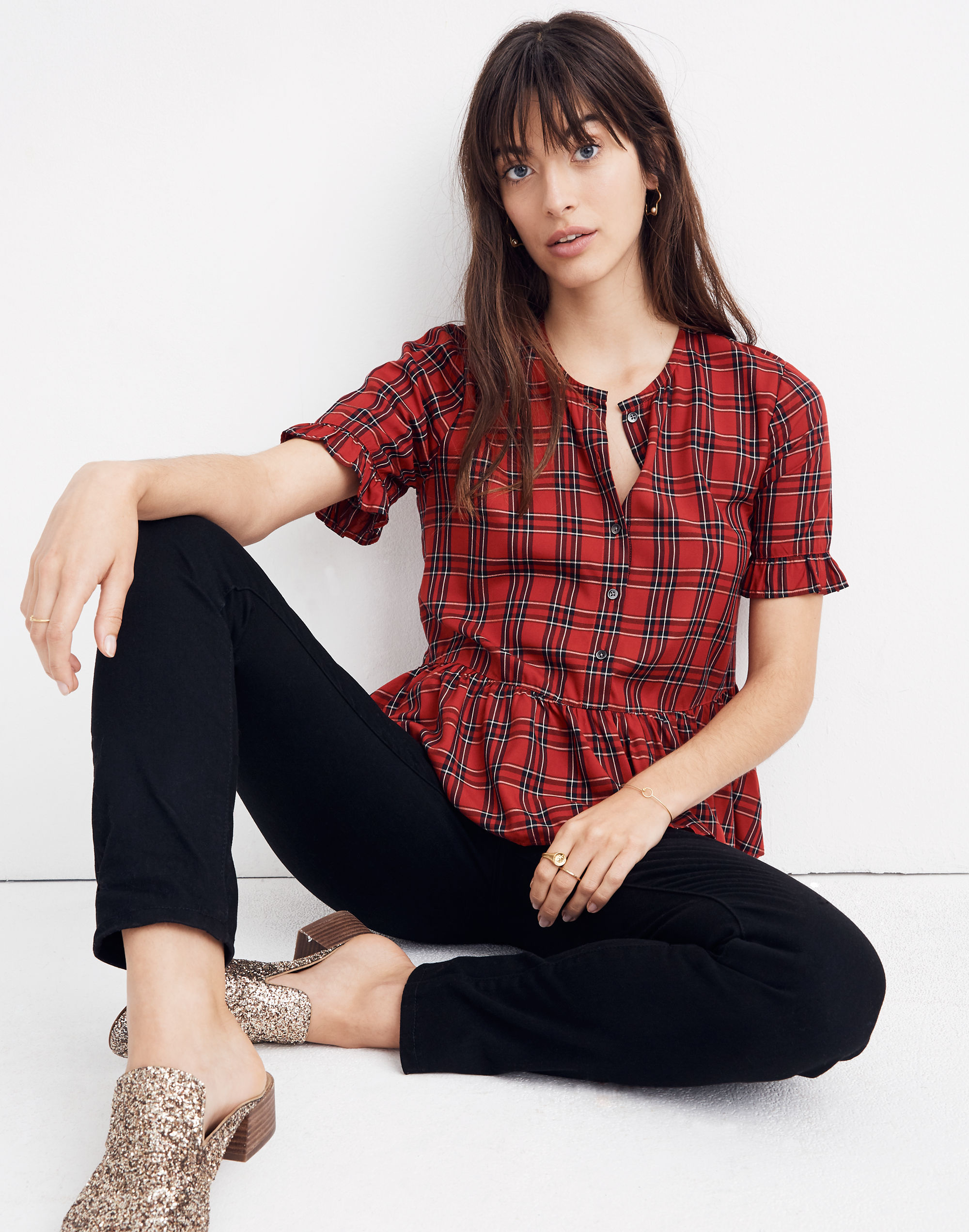studio ruffle-hem top in clanton plaid