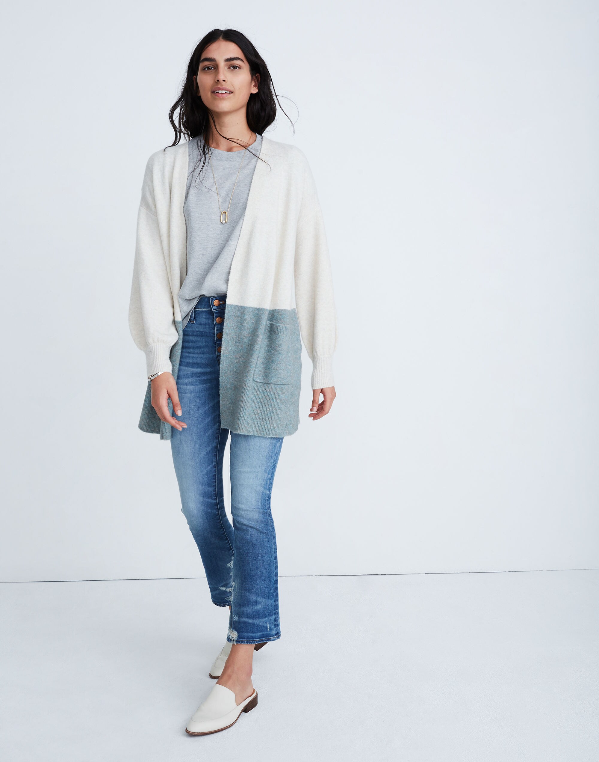 Edgewater Bubble-Sleeve Cardigan Sweater in Colorblock
