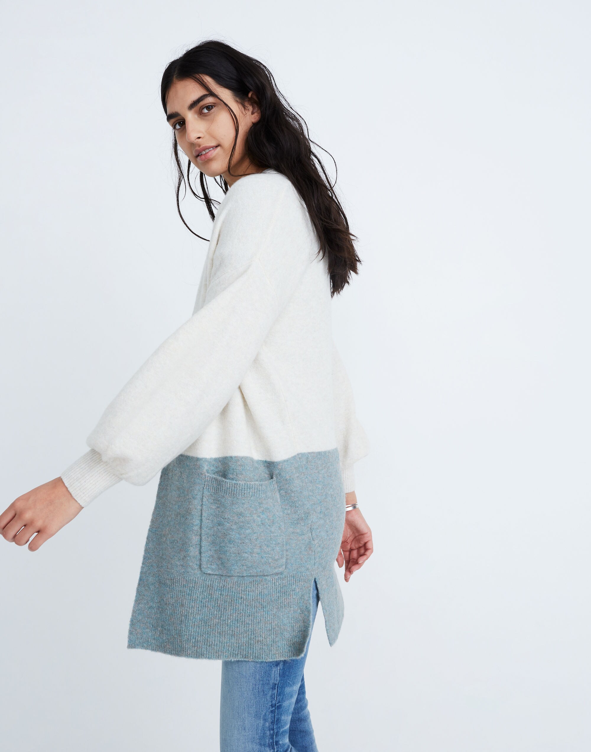 Edgewater Bubble-Sleeve Cardigan Sweater in Colorblock