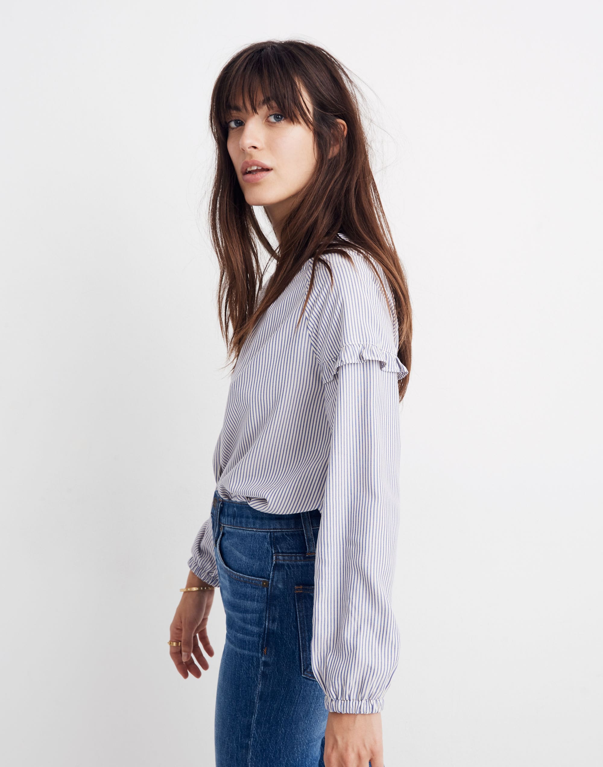 Collarless Ruffle-Sleeve Shirt in Stripe