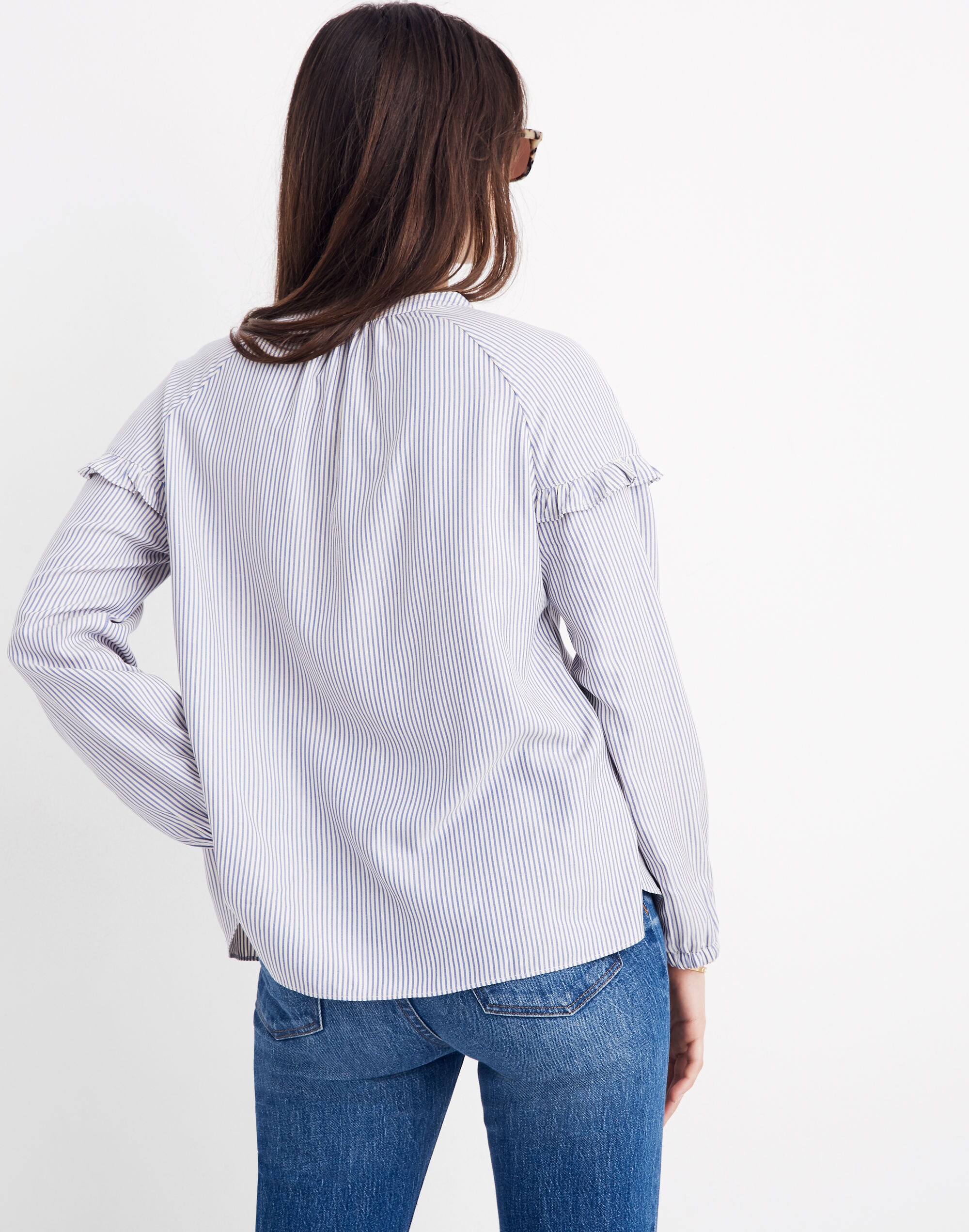 Collarless Ruffle-Sleeve Shirt in Stripe