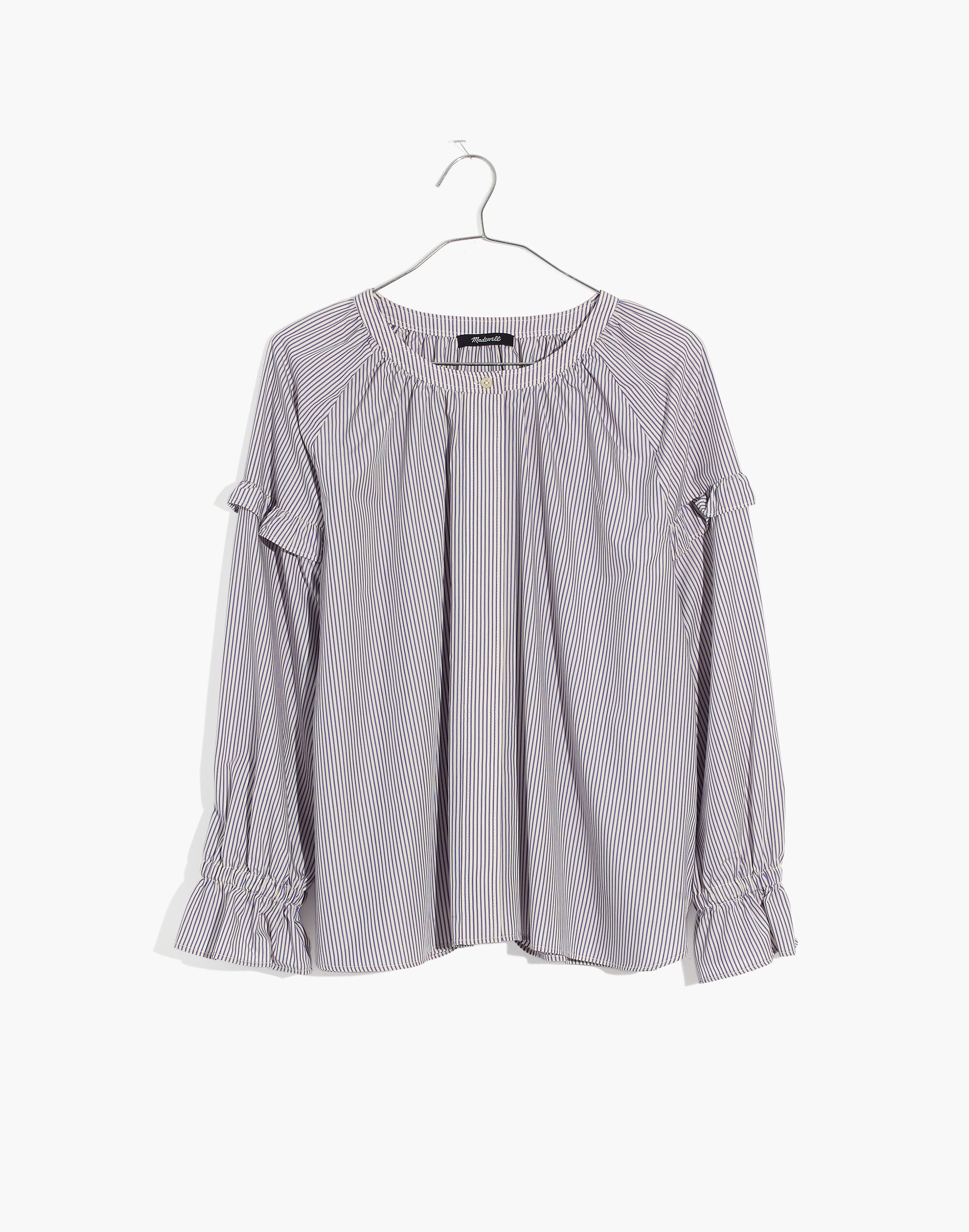 Collarless Ruffle-Sleeve Shirt in Stripe