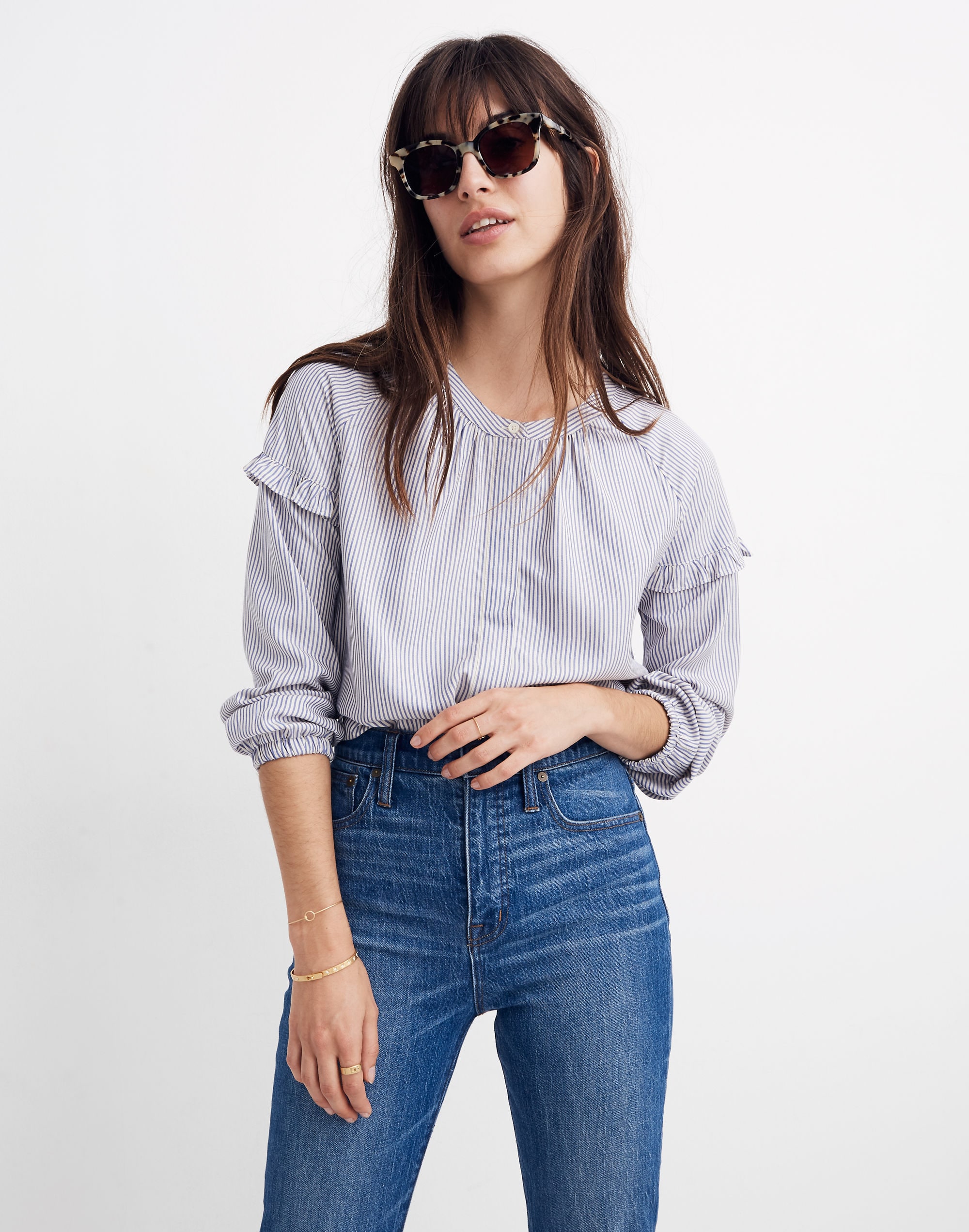 Collarless Ruffle-Sleeve Shirt in Stripe