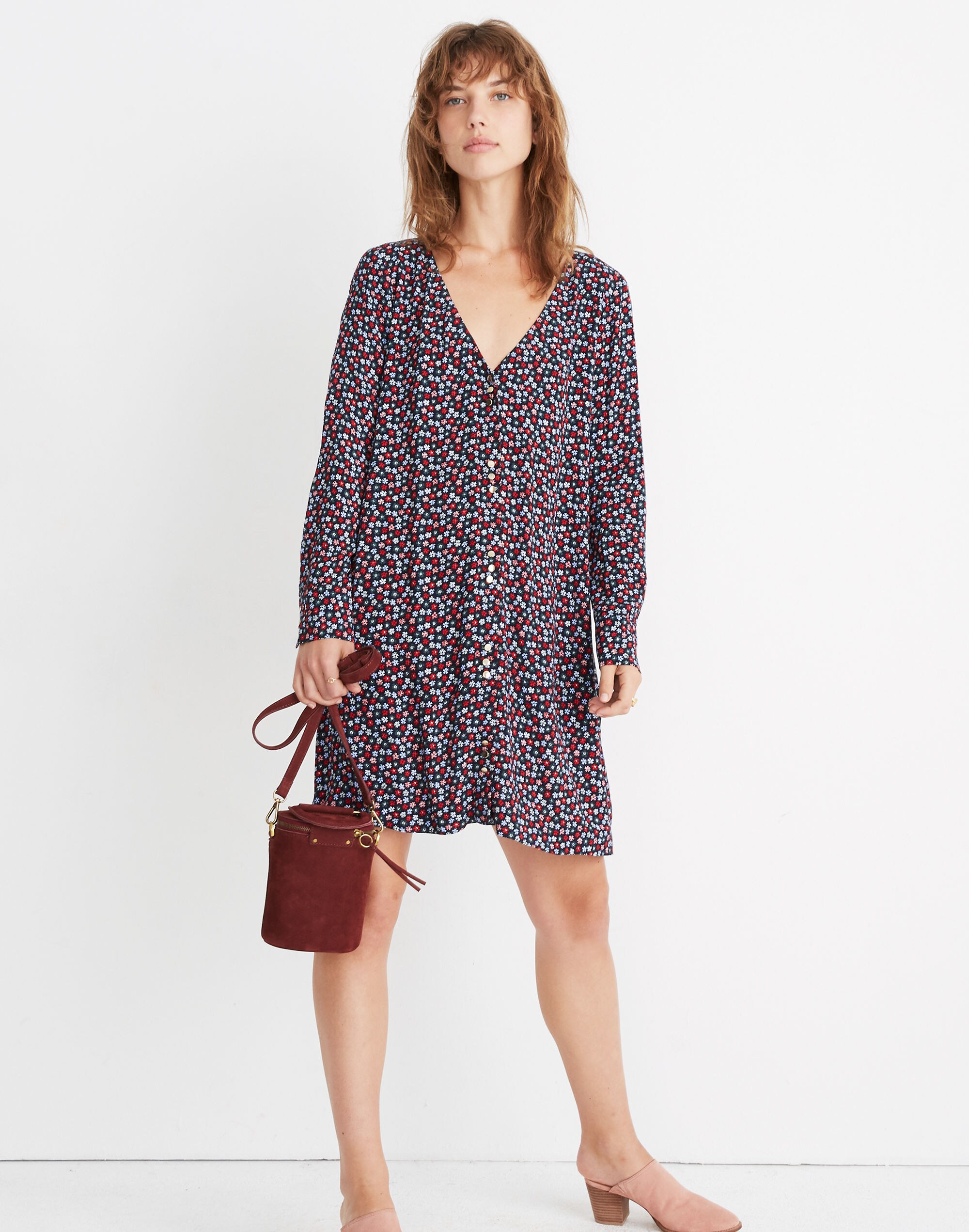 Button-Front Mini Dress in Petite Blooms