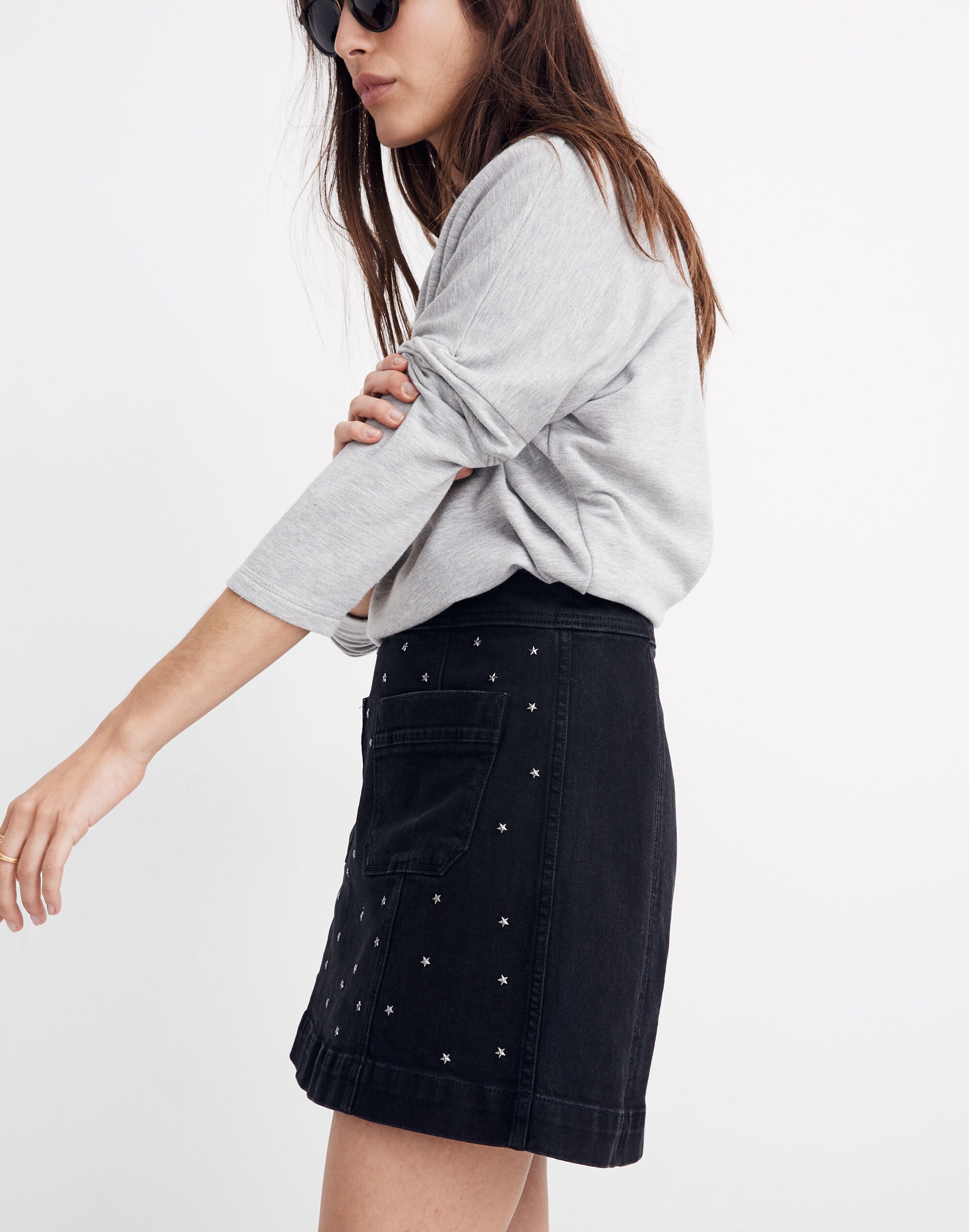 Stretch Denim A-Line Mini Skirt: Star Stud Edition